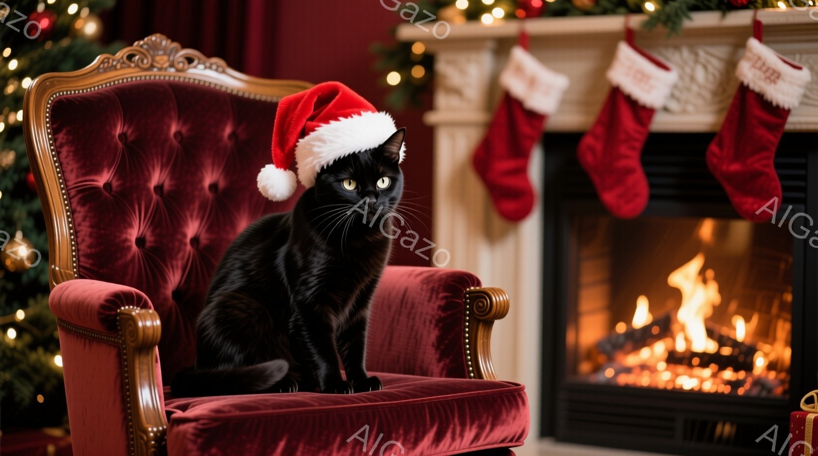 黒猫が赤いベルベットの肘掛け椅子に座っており、頭にはサンタ帽をかぶっています。背景にはクリスマスツリーと暖炉があり、暖炉の中では炎が燃え盛っています。全体的に、クリスマスや冬の温かい雰囲気が漂う、お祝 - AI生成フリー素材