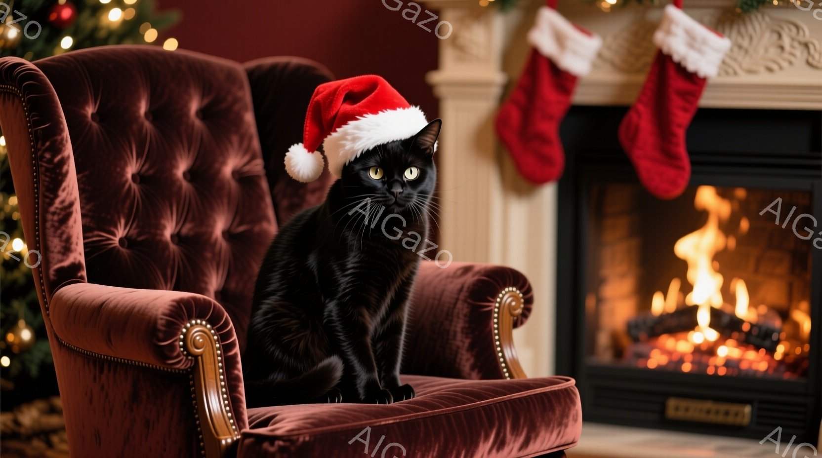 黒猫が赤いクリスマス風の帽子を被り、深紅色の肘掛け椅子に座っています。背景には暖炉があり、炎が燃え盛っているのが見え、クリスマスの飾り付けや赤いクリスマスストッキングが暖炉の周りに飾られています。全体 - AI生成フリー素材