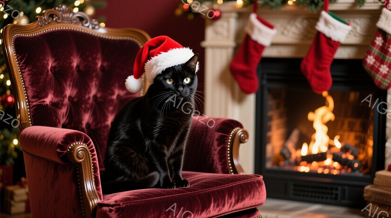 黒猫が赤いベルベットの肘掛け椅子に座っており、頭にはサンタ帽を被っています。暖炉の火が灯っており、背景にはクリスマスストッキングが飾られて、華やかな祝祭の雰囲気を醸し出しています。猫は正面を見つめ、落ち着いた表情を浮かべているため、リラックスした穏やかな雰囲気が感じられます。