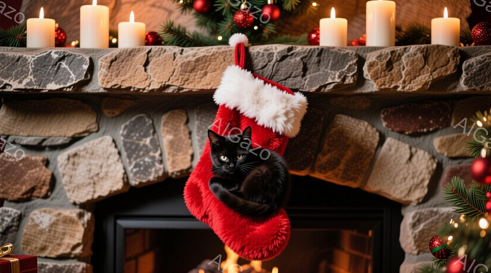 深紅色のクリスマスストッキングの中に、黒猫が丸まって座っています。猫は緑色の目をしており、リラックスした表情をしています。ストッキングは暖炉のレンガ壁の前に置かれ、背景にはクリスマスツリーと点灯したキャンドルが見え、温かくお祝いの雰囲気を醸し出しています。