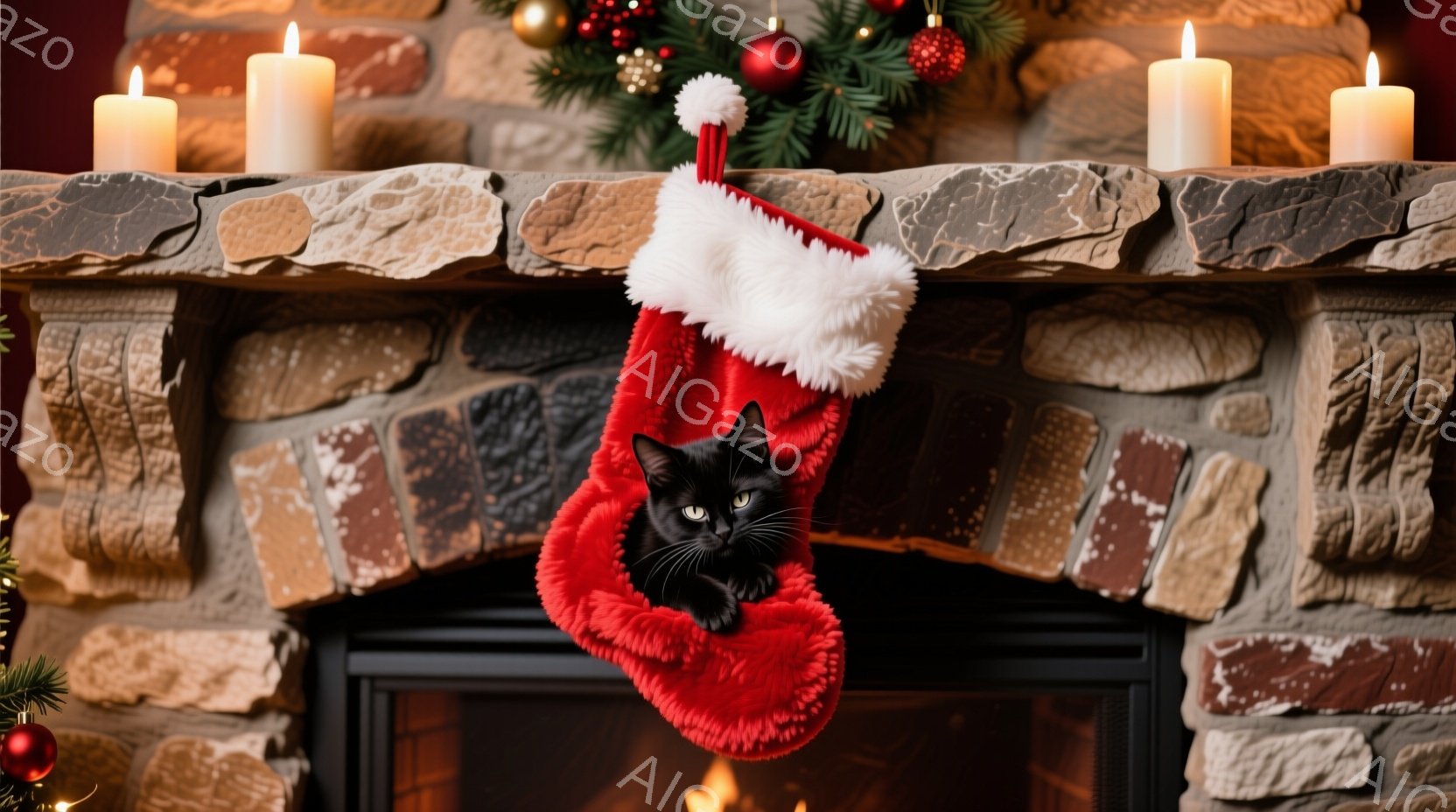 赤いクリスマスストッキングの中に黒猫が丸まって入っており、可愛らしい表情でこちらを見ている。ストッキングは暖炉のレンガ壁に掛けられており、周りにはキャンドルとクリスマスツリーの飾り付けが見える。暖炉の - AI生成フリー素材