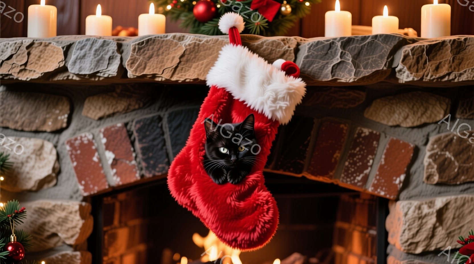 真っ赤なクリスマスストッキングの中に、黒猫が丸まって隠れています。暖炉のレンガ造りの背景と、周囲に置かれた点灯したキャンドルが、温かく、心地よいクリスマスの雰囲気を醸し出しています。ストッキングのふわふわとした質感と、猫の好奇心旺盛な表情が、このシーンをより魅力的にしています。