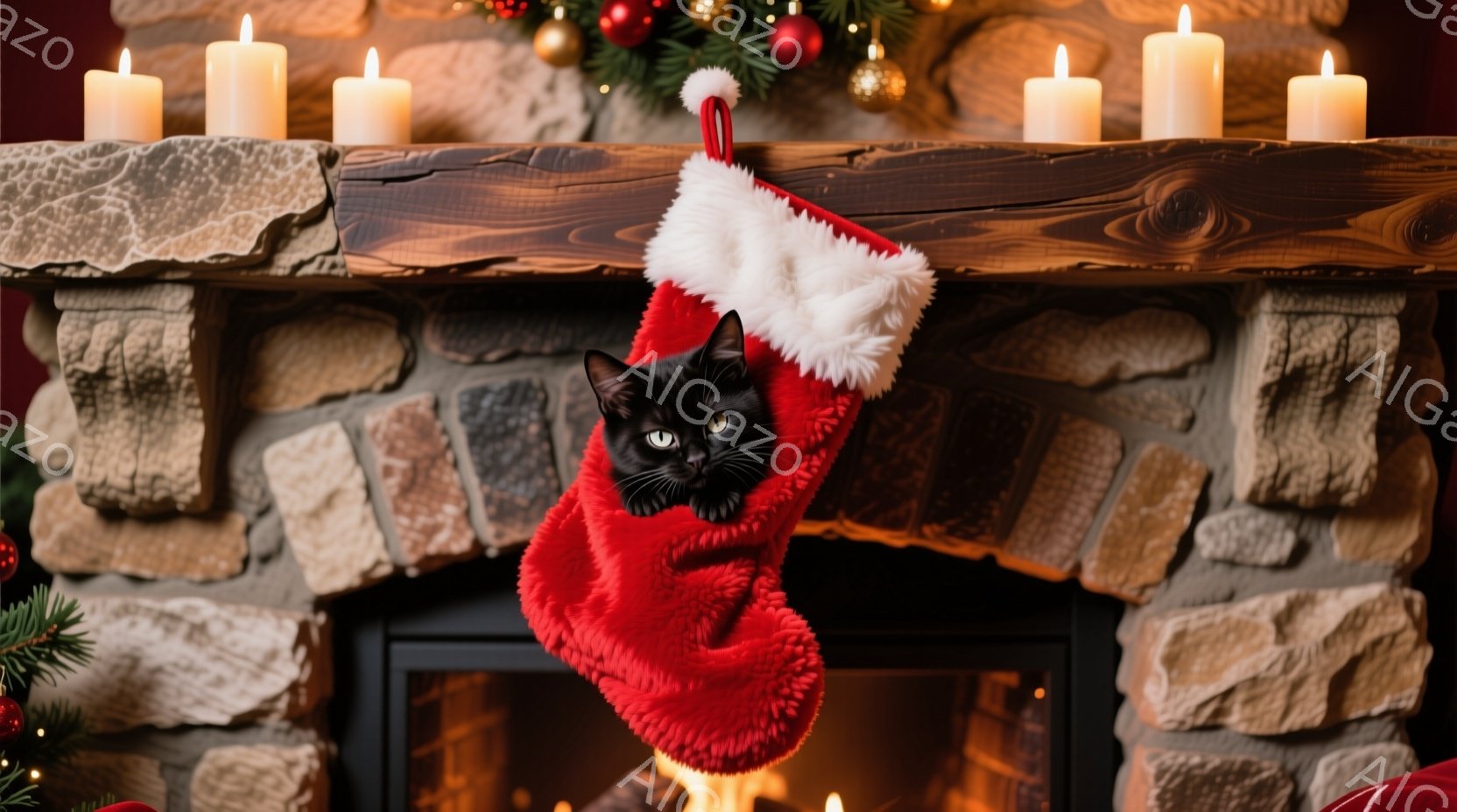 赤いクリスマスストッキングの中に黒い猫が隠れており、好奇心と少しの警戒心を持ってカメラを見つめています。背景には暖炉があり、火が燃えて暖かく、クリスマスオーナメントやキャンドルが飾られて、お祝いの雰囲気を高めています。全体的に、猫と暖炉の温かい光が、居心地の良いクリスマスの雰囲気を醸し出しています。