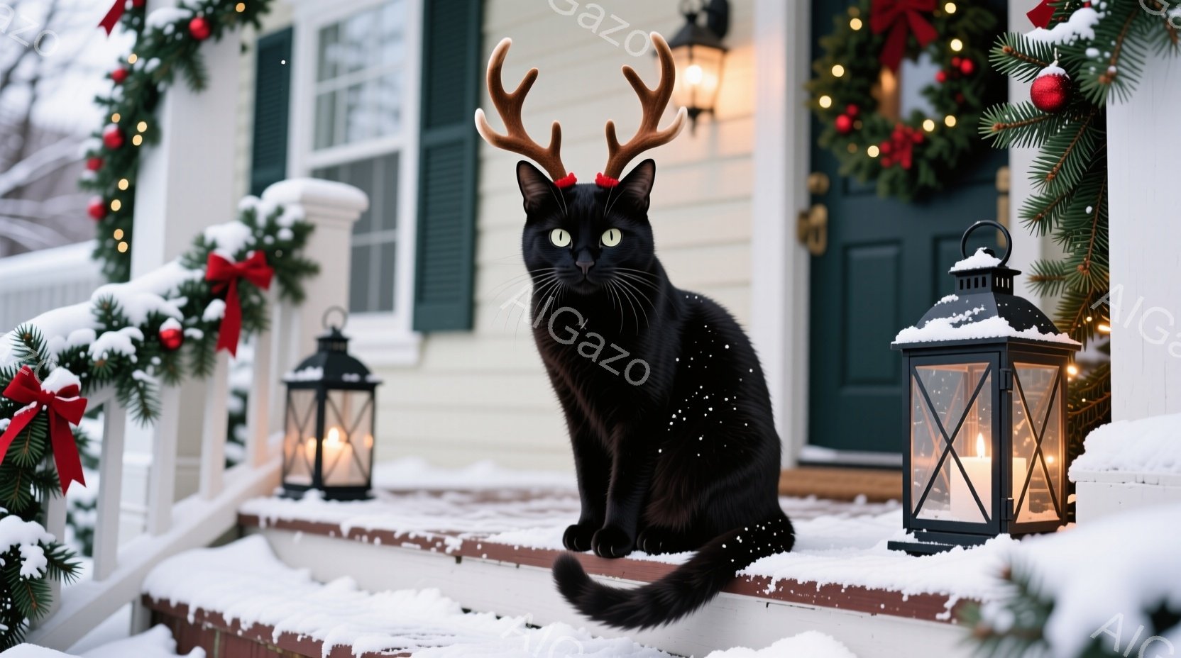 黒猫が白い雪の降る家の外の階段に座っており、頭にはトナカイの角が生えています。背景にはクリスマスリースと点灯したランタンがあり、冬の暖かい雰囲気を醸し出しています。猫はまっすぐ前を見ており、少しいたず - AI生成フリー素材