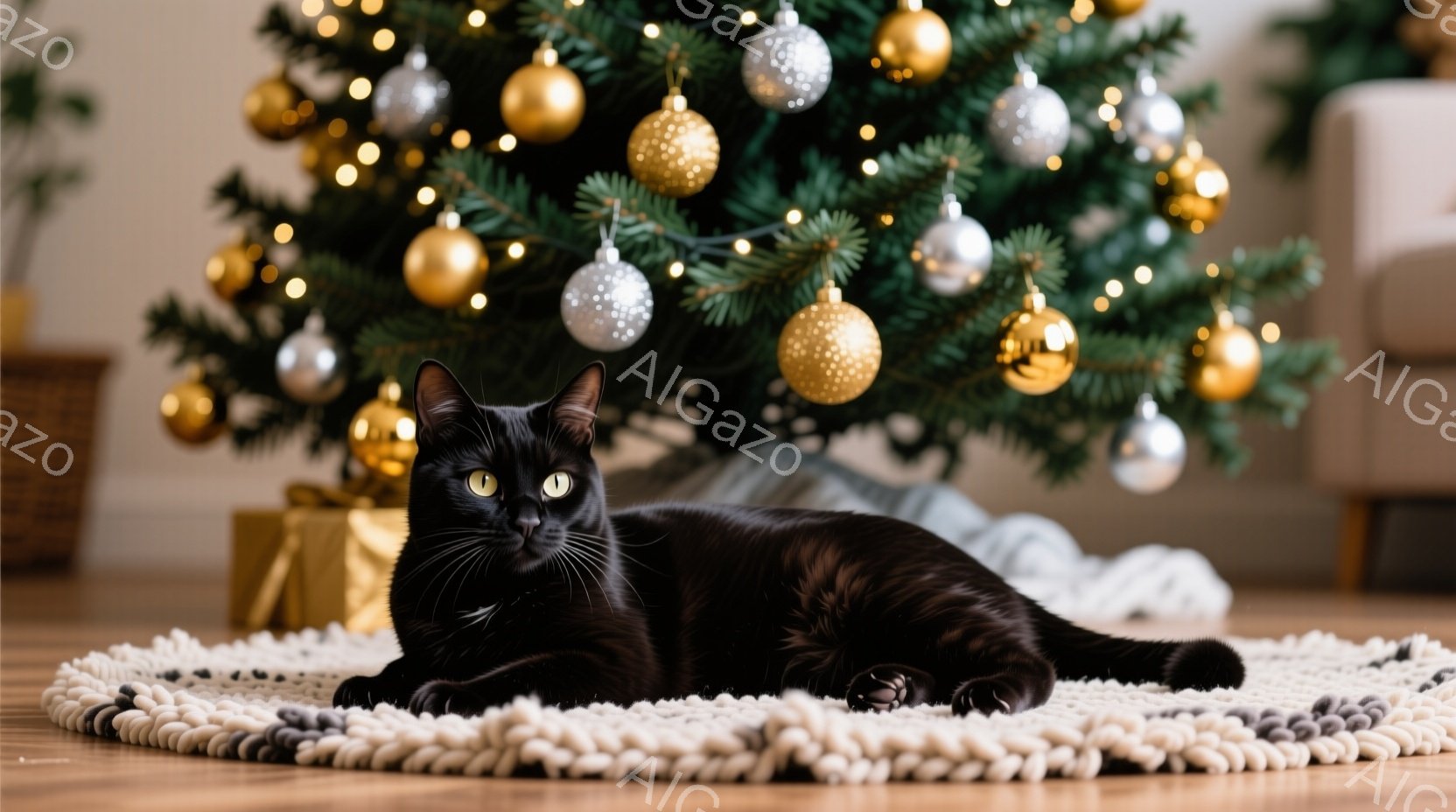 黒い猫が白い円形のラグの上に横たわっています。背景には、金と銀のオーナメントで飾られたクリスマスツリーがあり、プレゼントボックスもわずかに見えます。温かく、お祝いの雰囲気を醸し出しており、猫はリラック - AI生成フリー素材