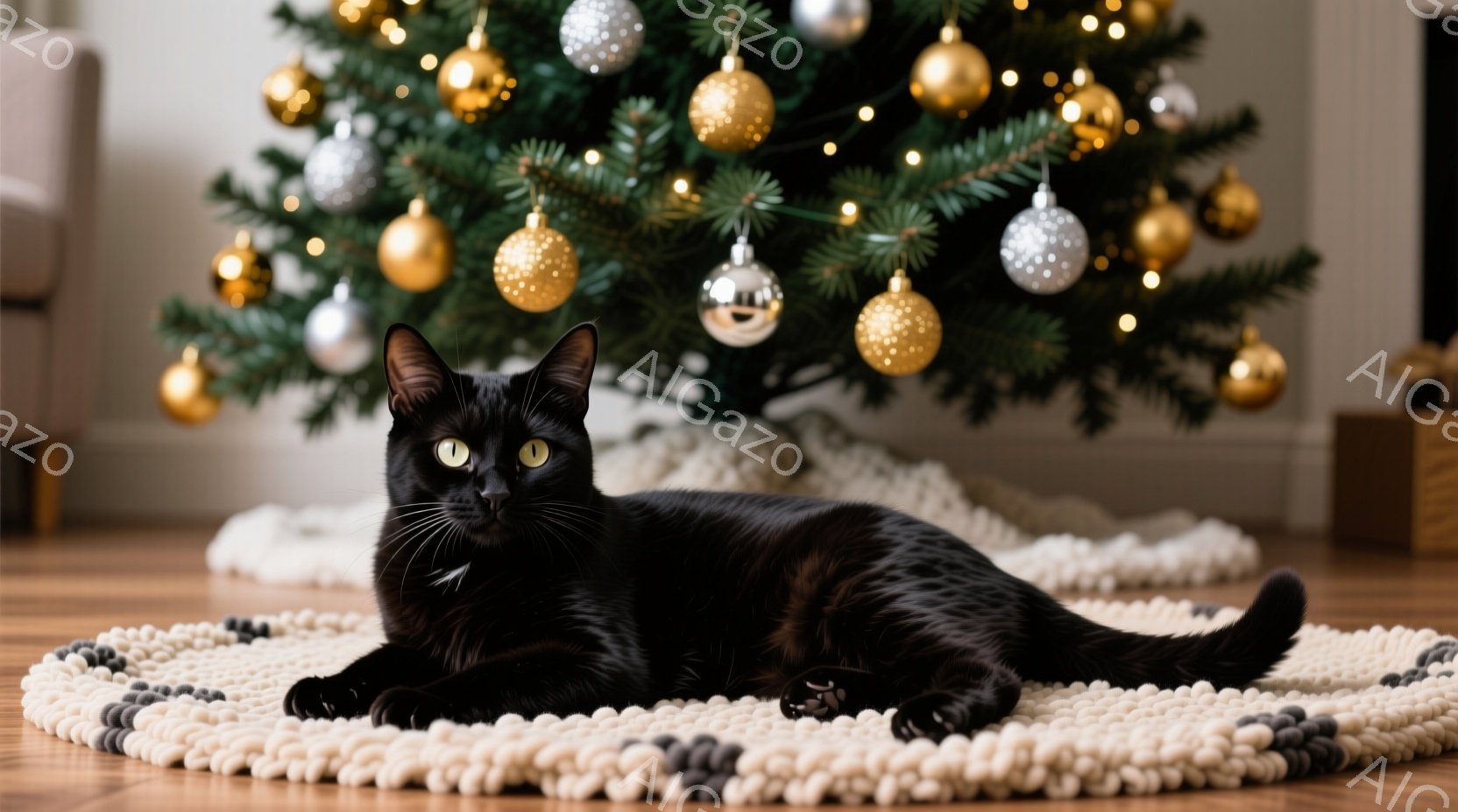 黒い猫が丸いクリーム色のラグの上でリラックスして横たわっています。背景には、金色のオーナメントで飾られたクリスマスツリーがあり、暖かく心地よい雰囲気を醸し出しています。猫は正面を見据え、落ち着いた表情で、穏やかな冬の日のひとコマを切り取っているようです。