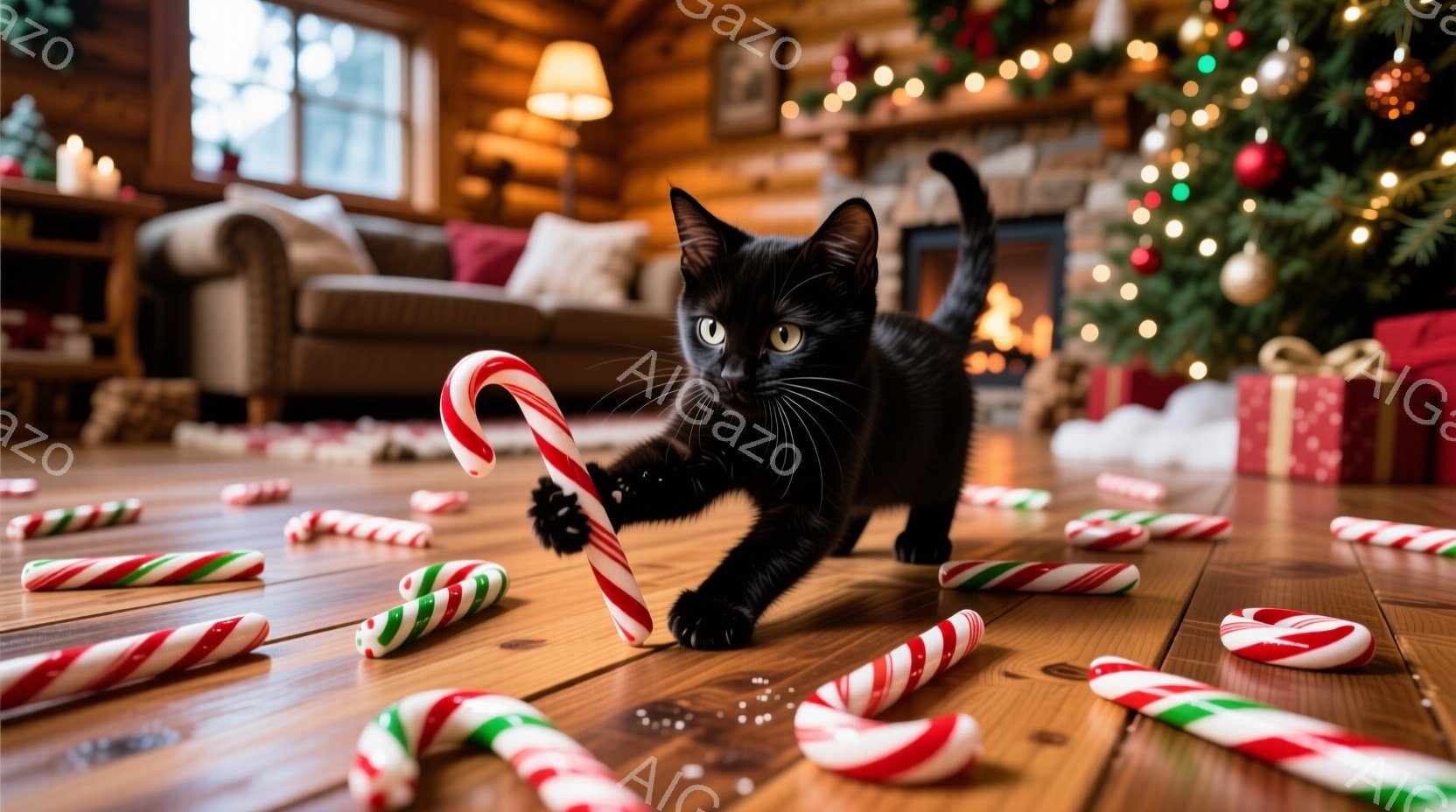 黒い子猫が、クリスマスツリーの周りに散らばったキャンディケーンの合間を駆け抜けている。暖炉の火が灯り、背景には緑色のクリスマスツリーとプレゼントボックスが置かれた、アットホームなリビングルームの様子が - AI生成フリー素材