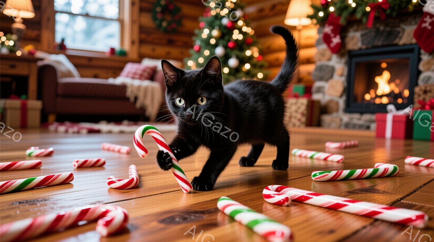 黒い子猫が床に散らばったペパーミントキャンディの中を歩いています。背景にはクリスマスツリーと暖炉があり、部屋全体が温かく、お祝いの雰囲気に包まれています。木製の床と装飾が、居心地の良いクリスマスのシーンを作り出しています。