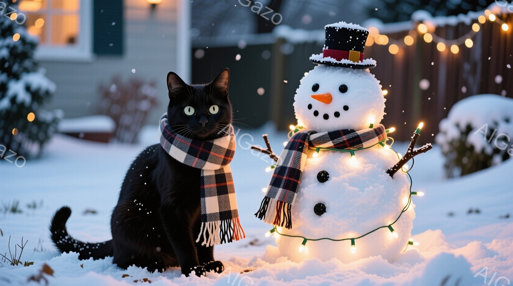 黒猫がチェック柄のマフラーを巻いて雪の上に座っており、その隣には雪だるまが立っている。雪だるまは、シルクハット、にんじんの鼻、石ころの目と口、そして光るイルミネーションで飾られている。背景には、雪に覆 - AI生成フリー素材