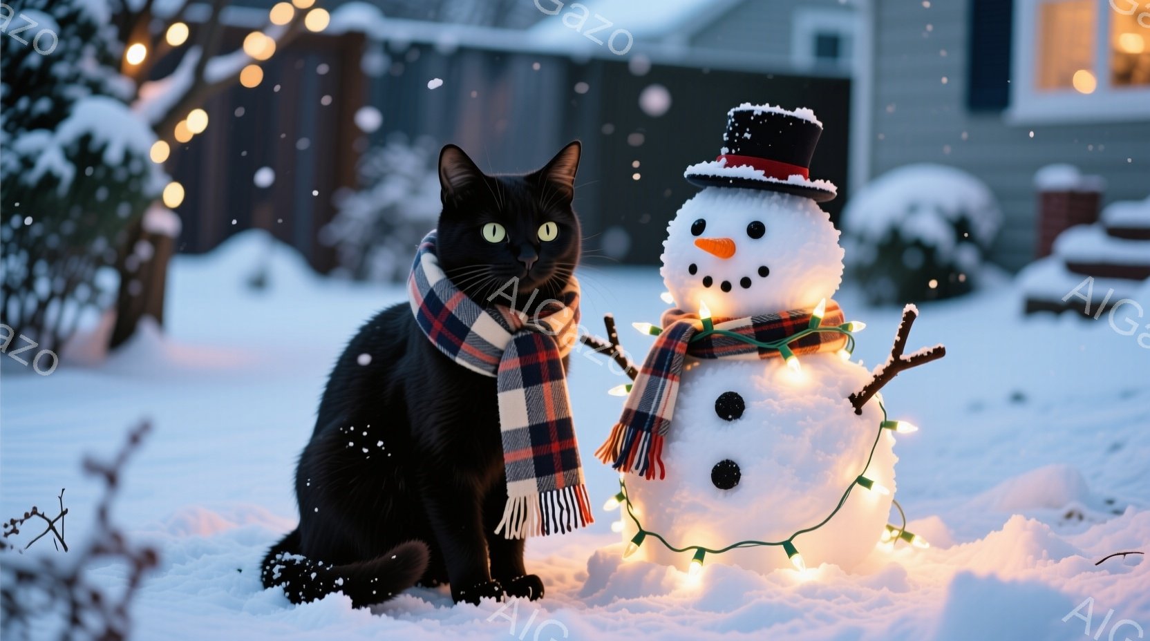 黒猫がチェック柄のマフラーを巻いて雪の上に座っており、その隣には光るイルミネーションで飾られた雪だるまが立っています。背景にはぼやけた家の外観と、雪が降る冬の風景が広がっており、温かく穏やかな雰囲気が - AI生成フリー素材