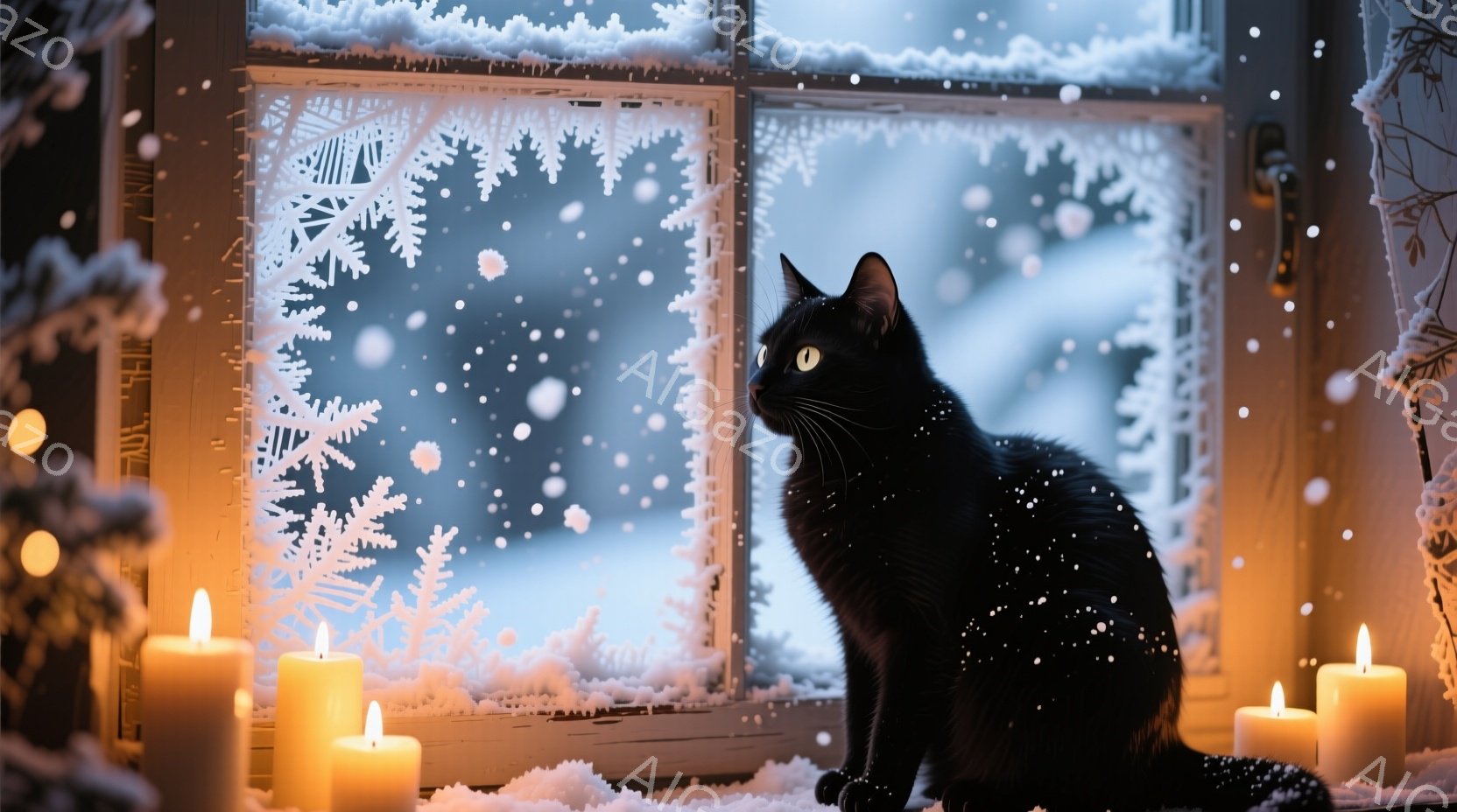 漆黒の猫が、雪で覆われた窓の外を物憂げに見つめている。窓枠には霜の花が咲き乱れ、室内には暖かく揺らめくキャンドルの光が灯っている。雪が舞い降りる冬の静寂と、猫の神秘的な姿が織りなす、穏やかで幻想的な雰 - AI生成フリー素材