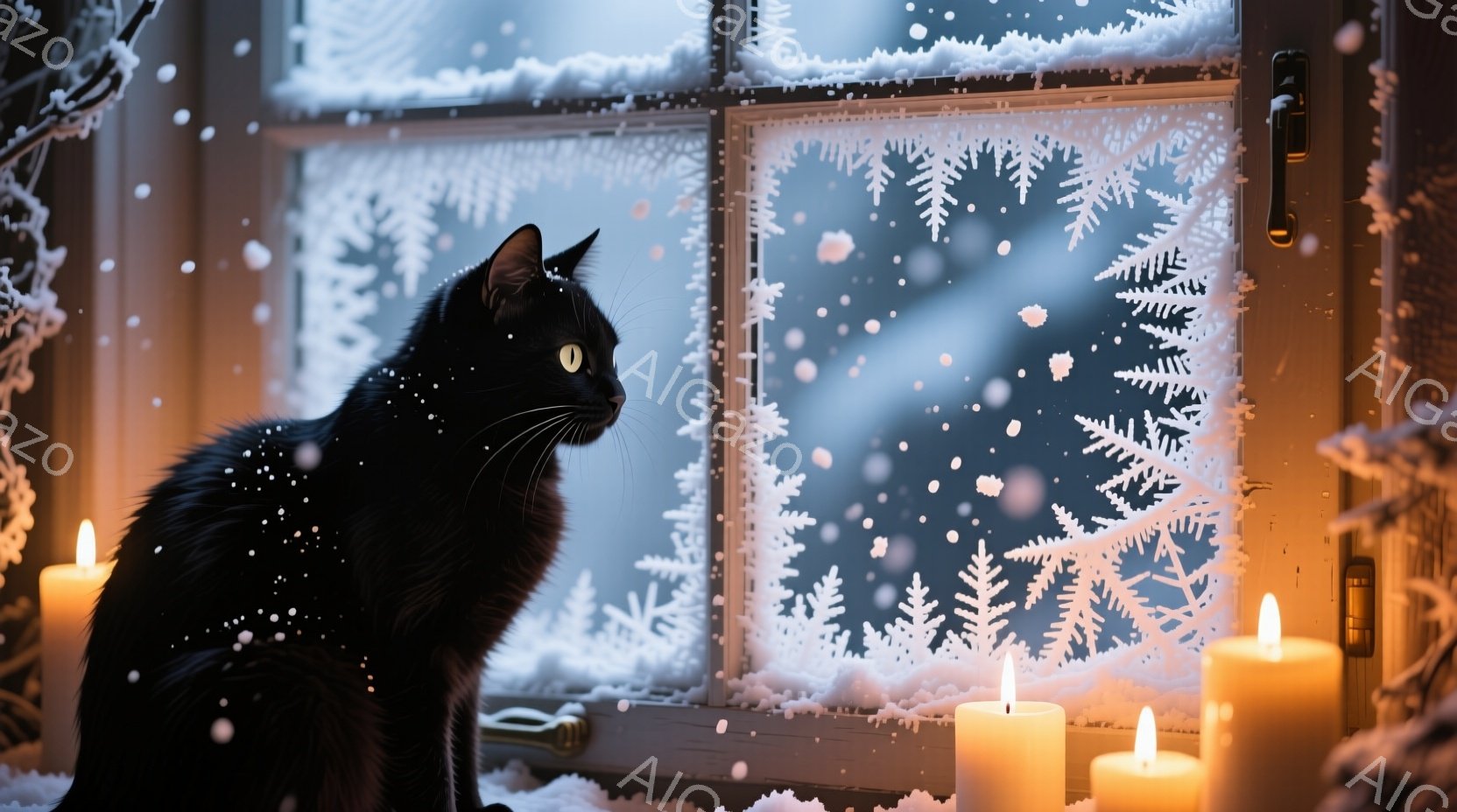 黒猫が雪の降る窓辺に座り、外を見つめている。窓には雪の結晶のような模様が描かれており、室内には数本のロウソクが灯り、暖かく穏やかな雰囲気を醸し出している。外は雪景色で、冬の静けさと安らぎを感じさせる。 - AI生成フリー素材