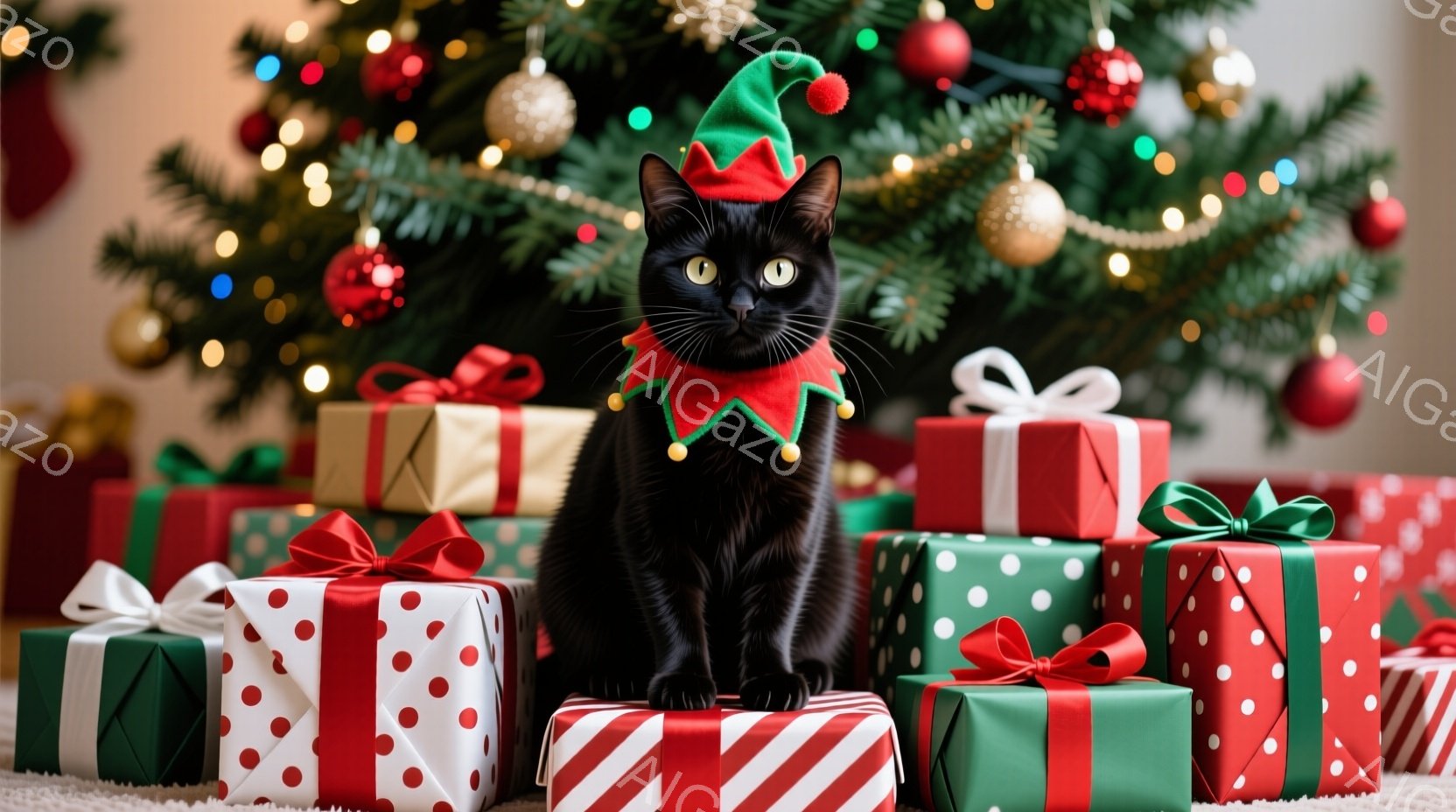 クリスマスシーンを表現するものであり、主要なキャラクターとして黒ネコが特徴的です。ネコは、彼女の着物が赤と緑のポップアイで飾られたサンタハットとマントになっており、軽く横向きの位置に座っています。彼女は、猫の表情を持ち、目を疑うように見つめているかもしれません。