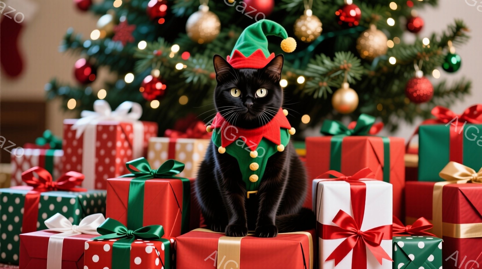 真っ黒な猫がクリスマスツリーのプレゼントの山の上に座っており、緑と赤の妖精の衣装を着ています。猫は正面を見ており、少しばかり驚いたような表情をしています。背景には、赤いオーナメントと光で飾られたクリス - AI生成フリー素材