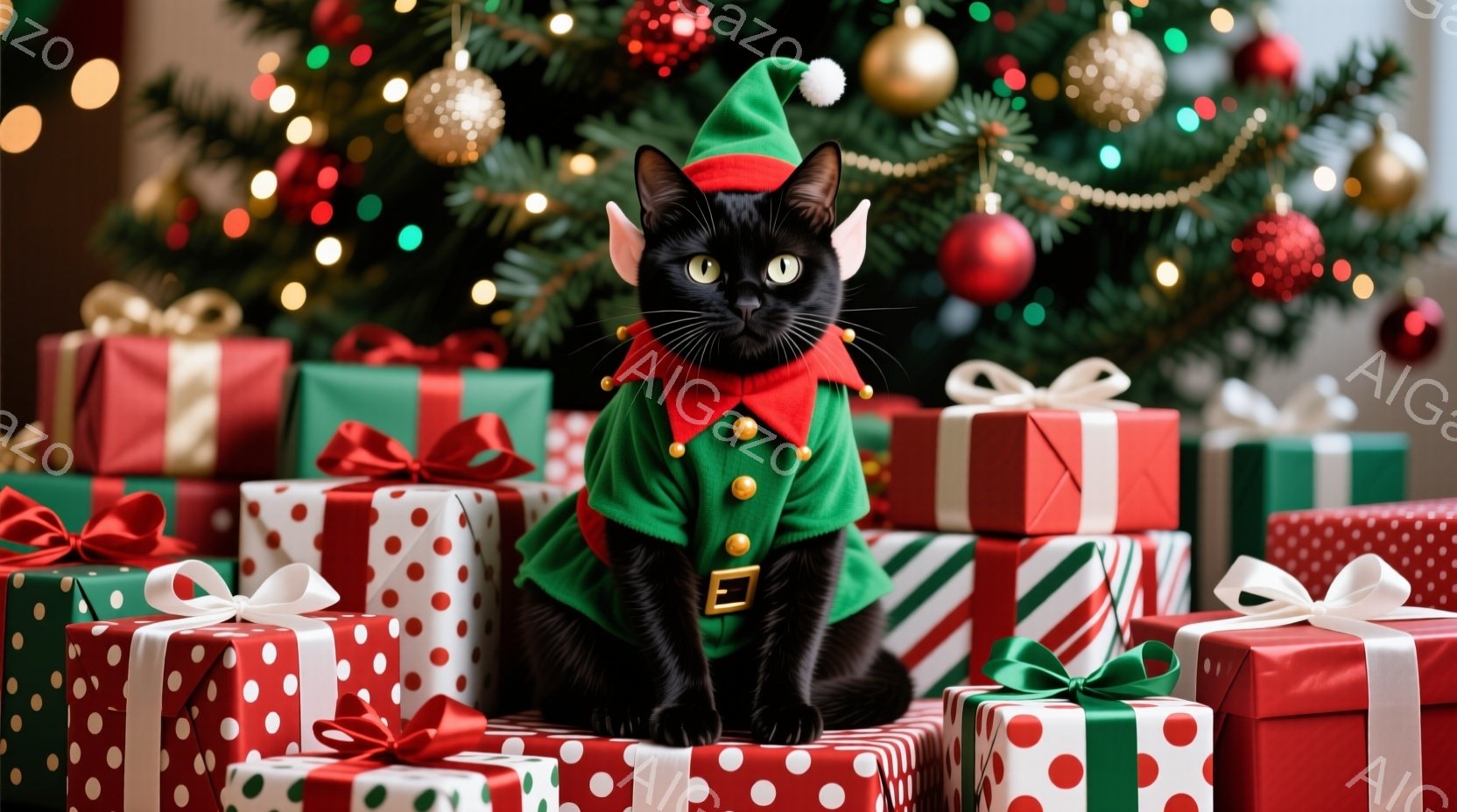 黒猫がクリスマスツリーの周りのプレゼントの山の上に座っています。緑と赤の妖精の衣装を着て、少し驚いたような表情をしています。背景にはキラキラ光るクリスマスツリーと、様々な色と柄のラッピングされたプレゼ - AI生成フリー素材