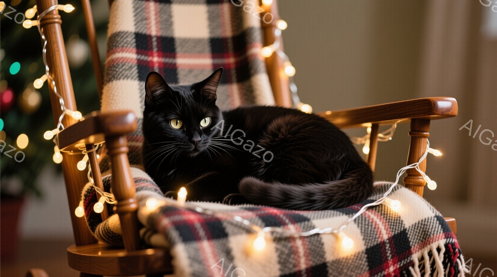 黒猫がロッキングチェアに丸まって座っており、リラックスした様子が伺えます。椅子には赤と黒のチェック柄のブランケットが掛けられており、温かみのある雰囲気を演出しています。背景にはぼやけたクリスマスツリー - AI生成フリー素材