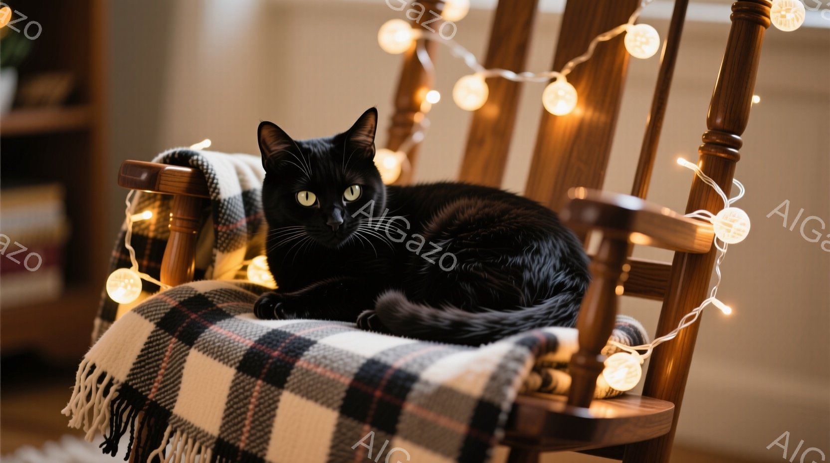 黒猫がチェック柄のブランケットがかけられたロッキングチェアにゆったりと横たわっています。猫は落ち着いた表情で、リラックスした様子が伝わってきます。背景にはぼやけた家具が見え、温かい光が猫と椅子を優しく - AI生成フリー素材