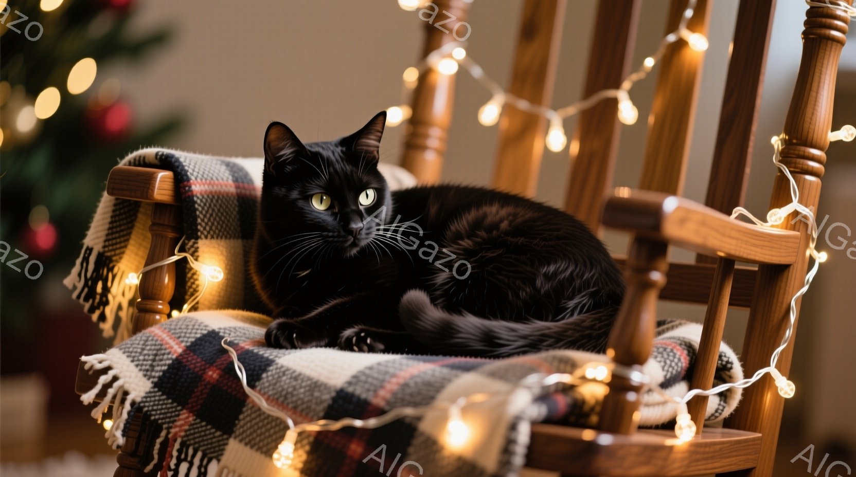 黒い猫が、チェック柄のクッションが置かれた木製のロッキングチェアにゆったりと横たわっています。背景にはぼやけたクリスマスツリーと、暖かく輝く電飾が見え、リラックスした冬の雰囲気を醸し出しています。猫は落ち着いた表情で、まるで自分が王様であるかのようにくつろいでいます。