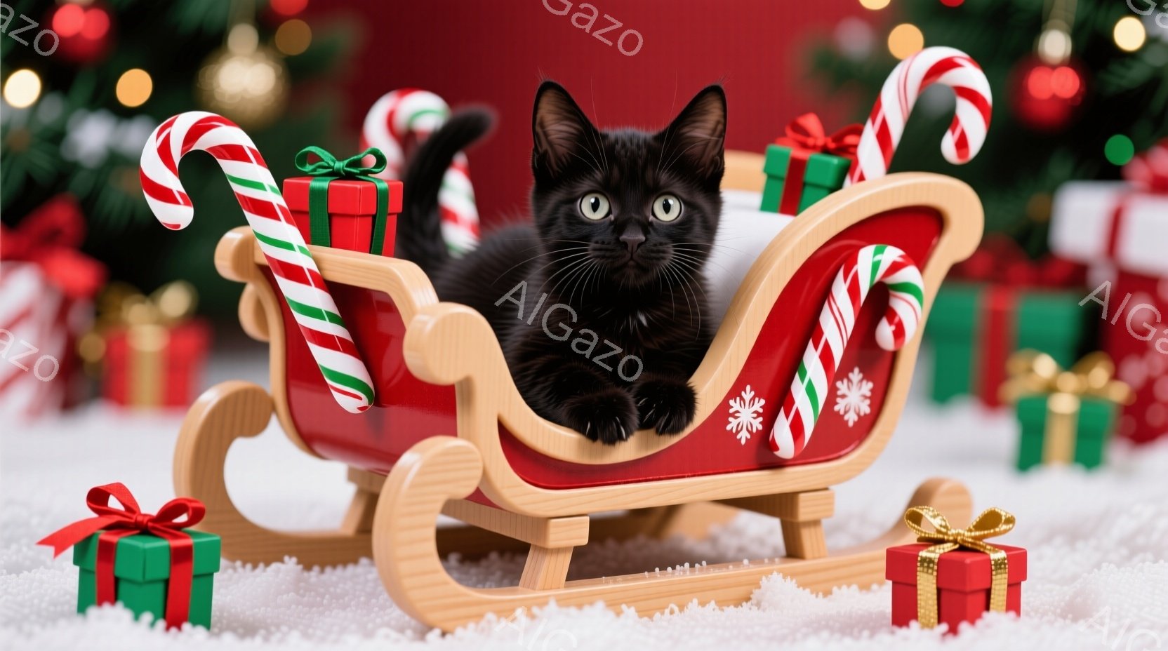黒い子猫が、クリスマスの飾り付けられたそりに横たわっています。そりの周りには、赤いリボンと緑のリボンで飾られたプレゼントが置かれ、背景にはぼやけたクリスマスツリーが見えます。全体的に暖かく、お祝いムー - AI生成フリー素材