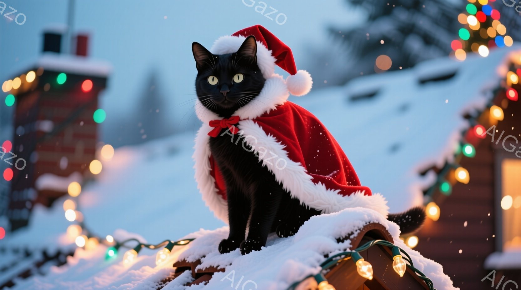 黒猫がサンタクロースの帽子とマントを身に着けて、雪の積もった屋根の上に座っています。猫は少し驚いたような表情で、大きな緑色の目を開けています。背景には、クリスマスのイルミネーションが輝き、雪が降り積も - AI生成フリー素材