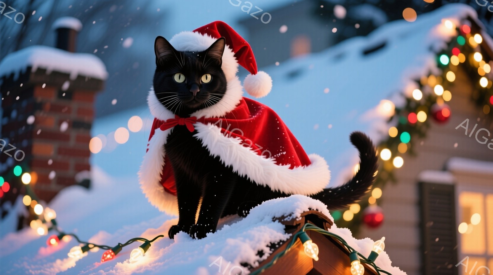 黒猫がサンタの帽子とマントを身につけ、雪の積もった屋根の上で座っています。背景にはクリスマスツリーの飾りと、点灯しているカラフルなイルミネーションがあり、雪が降る冬の夜の温かく楽しい雰囲気を醸し出して - AI生成フリー素材