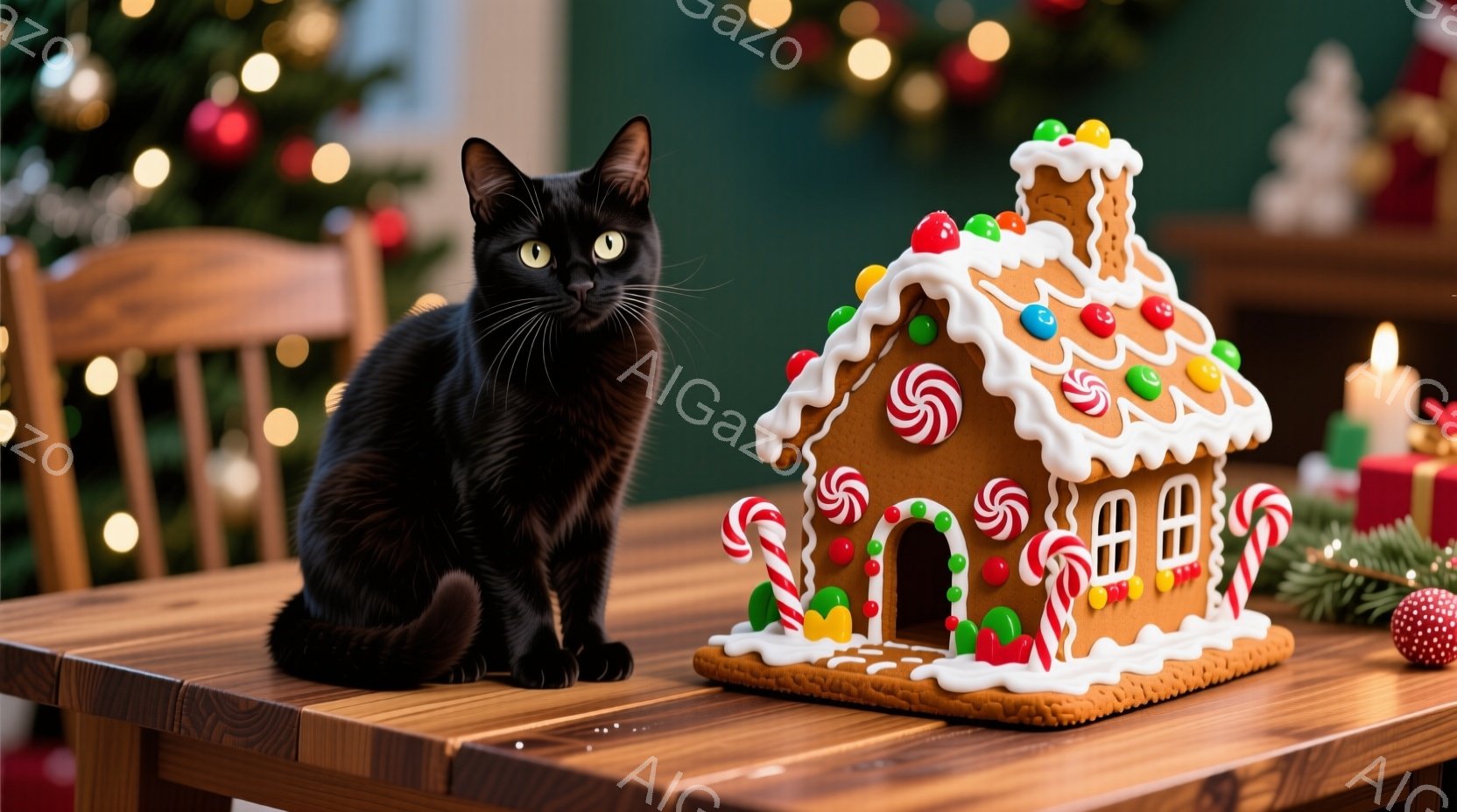 黒猫が木のテーブルの上に座っており、背景にはクリスマスツリーのぼんやりとした光が見えます。猫はまっすぐ前を見ており、興味深げな表情をしています。テーブルの上には、カラフルなキャンディやアイシングで飾られたジンジャーブレッドハウスがあり、クリスマスの温かく楽しい雰囲気を醸し出しています。