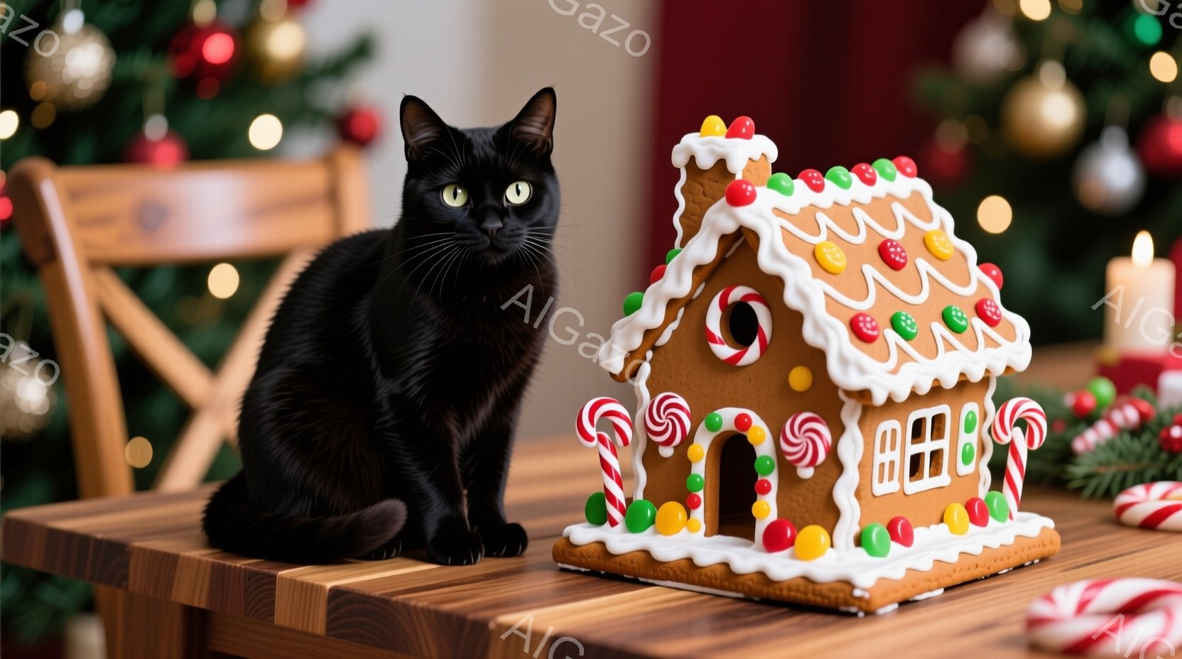 黒猫が木のテーブルの上に座り、クリスマスのジンジャーブレッドハウスの隣にいます。猫はまっすぐ前を見ており、目は明るく、リラックスした表情をしています。背景には、装飾されたクリスマスツリーやクリスマスの - AI生成フリー素材