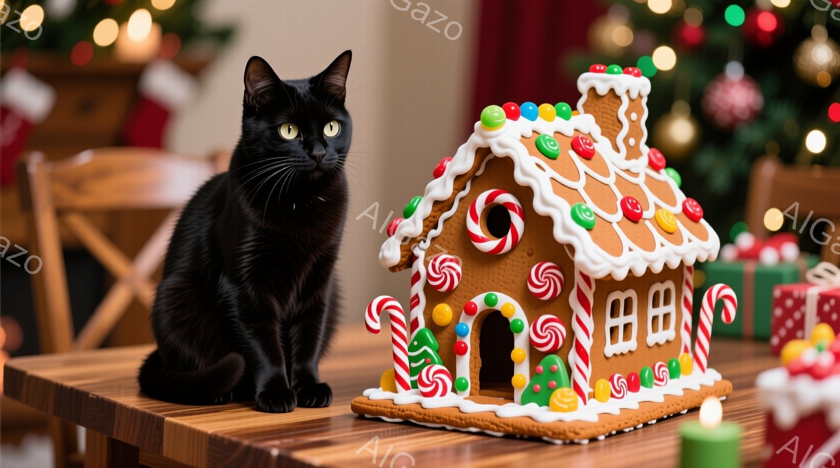黒猫が木製のテーブルの上に座っており、その隣にはアイシングとキャンディで飾られたジンジャーブレッドハウスが置かれています。背景には、ぼやけたクリスマスツリーとギフトボックスが見え、暖かくお祝いの雰囲気 - AI生成フリー素材