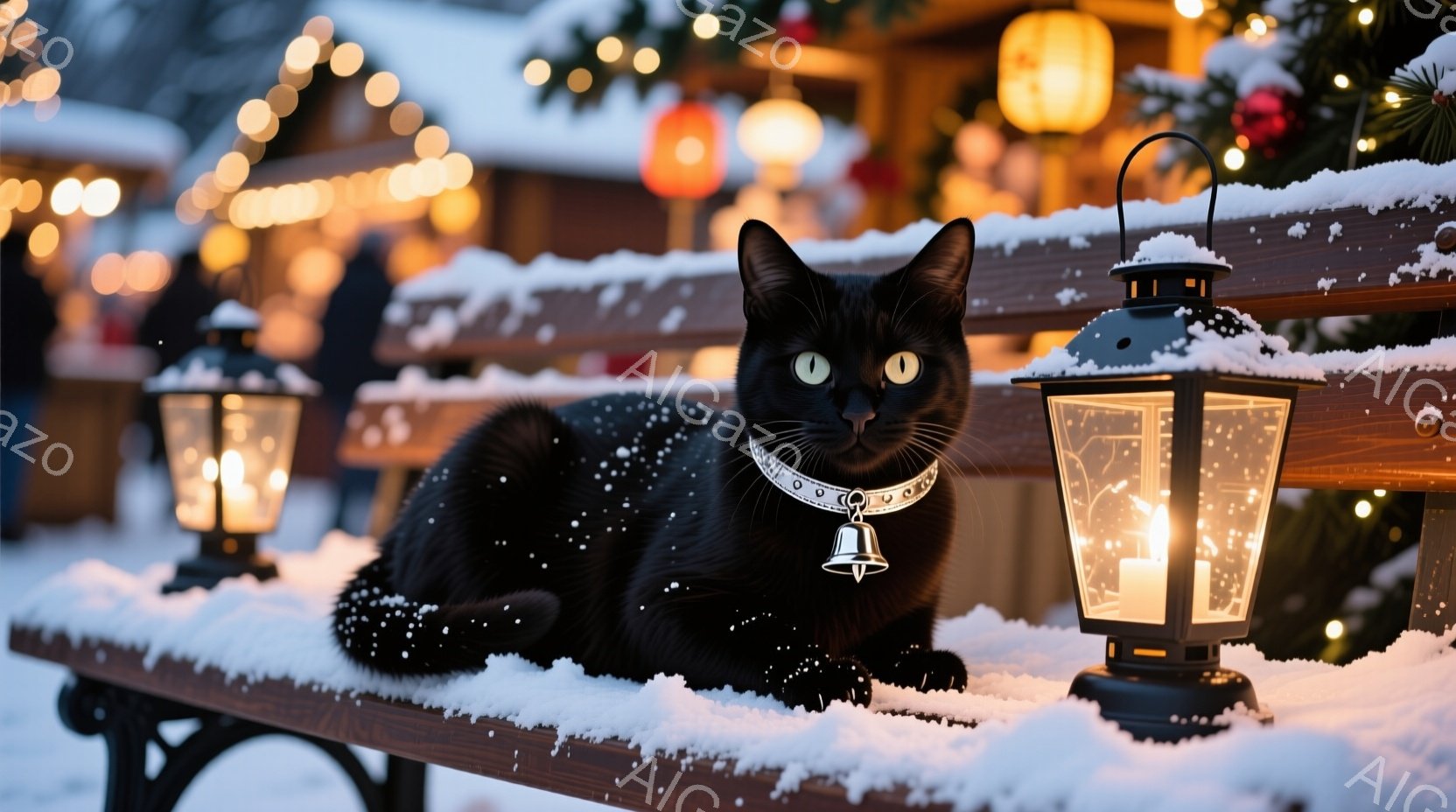 黒猫が雪の積もったベンチに座り、こちらを見つめています。首輪には小さなベルが付いており、周囲には点灯したランタンが並んでいます。背景にはぼやけたクリスマスマーケットの様子が見え、雪が降る幻想的な冬の雰 - AI生成フリー素材