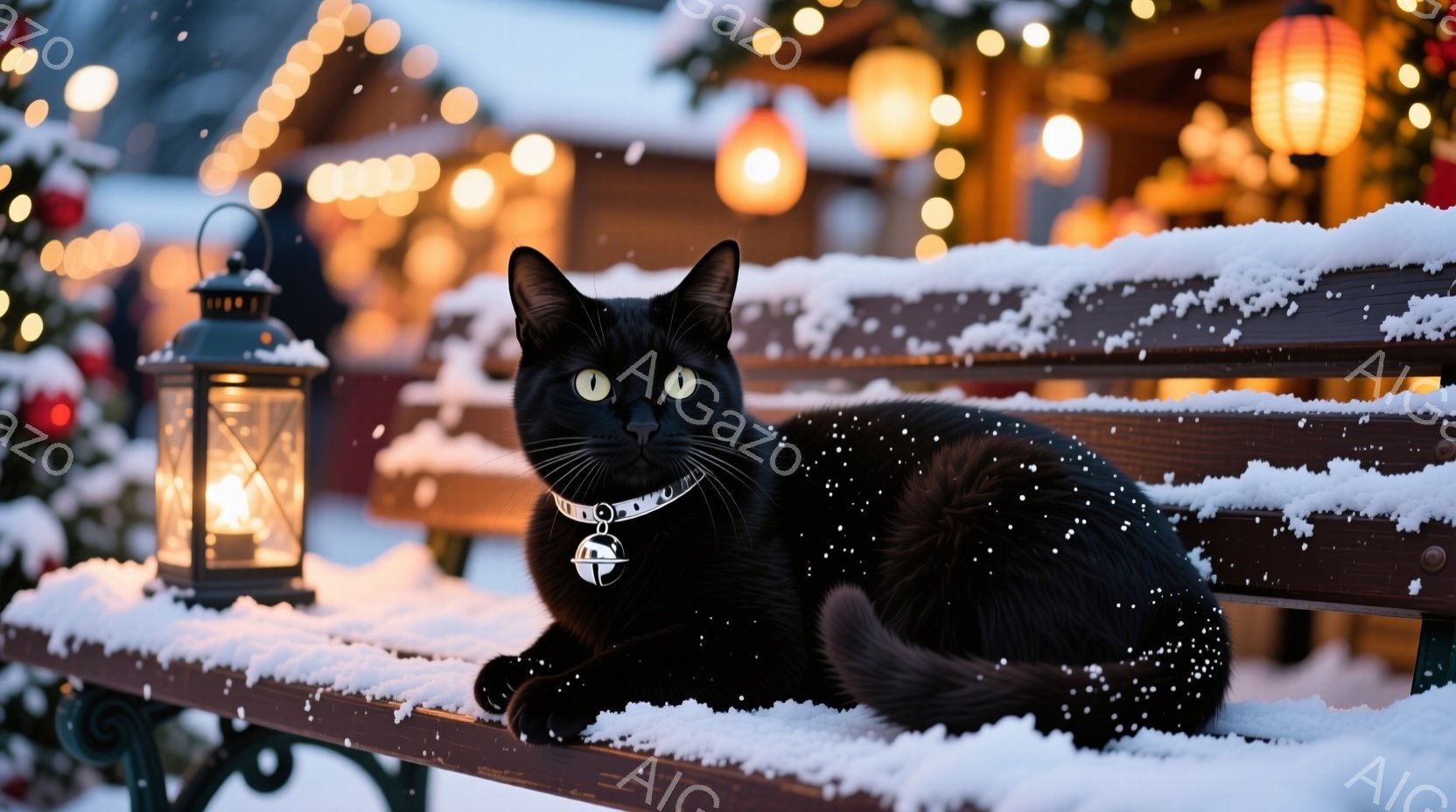 黒猫が雪の積もったベンチに横たわっており、首輪には小さな鈴が付いている。背景にはクリスマスツリーの明かりや、灯りのついたランタンが見え、雪が静かに降り積もる冬の夜の暖かく幻想的な雰囲気が漂っている。猫 - AI生成フリー素材