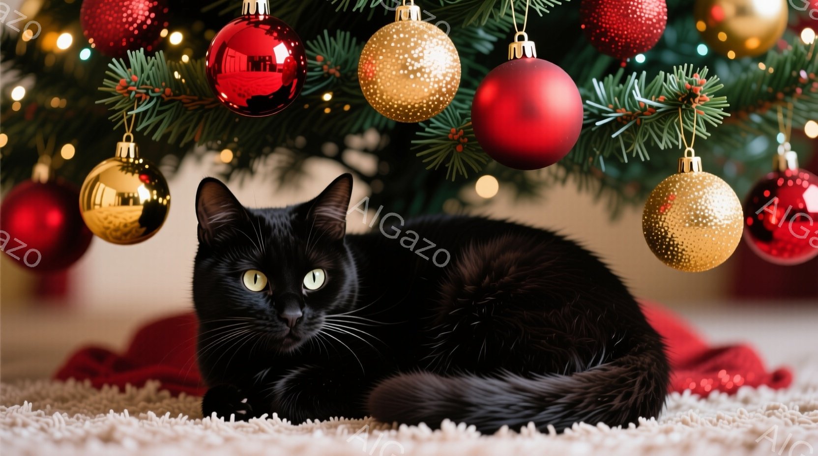 黒猫が赤い敷物の上で丸まって横たわっており、緑のクリスマスツリーの飾り付けられた枝の下にいます。ツリーには金と赤の輝くオーナメントが飾られており、背景はぼやけて暖かく、お祝いの雰囲気を醸し出しています - AI生成フリー素材