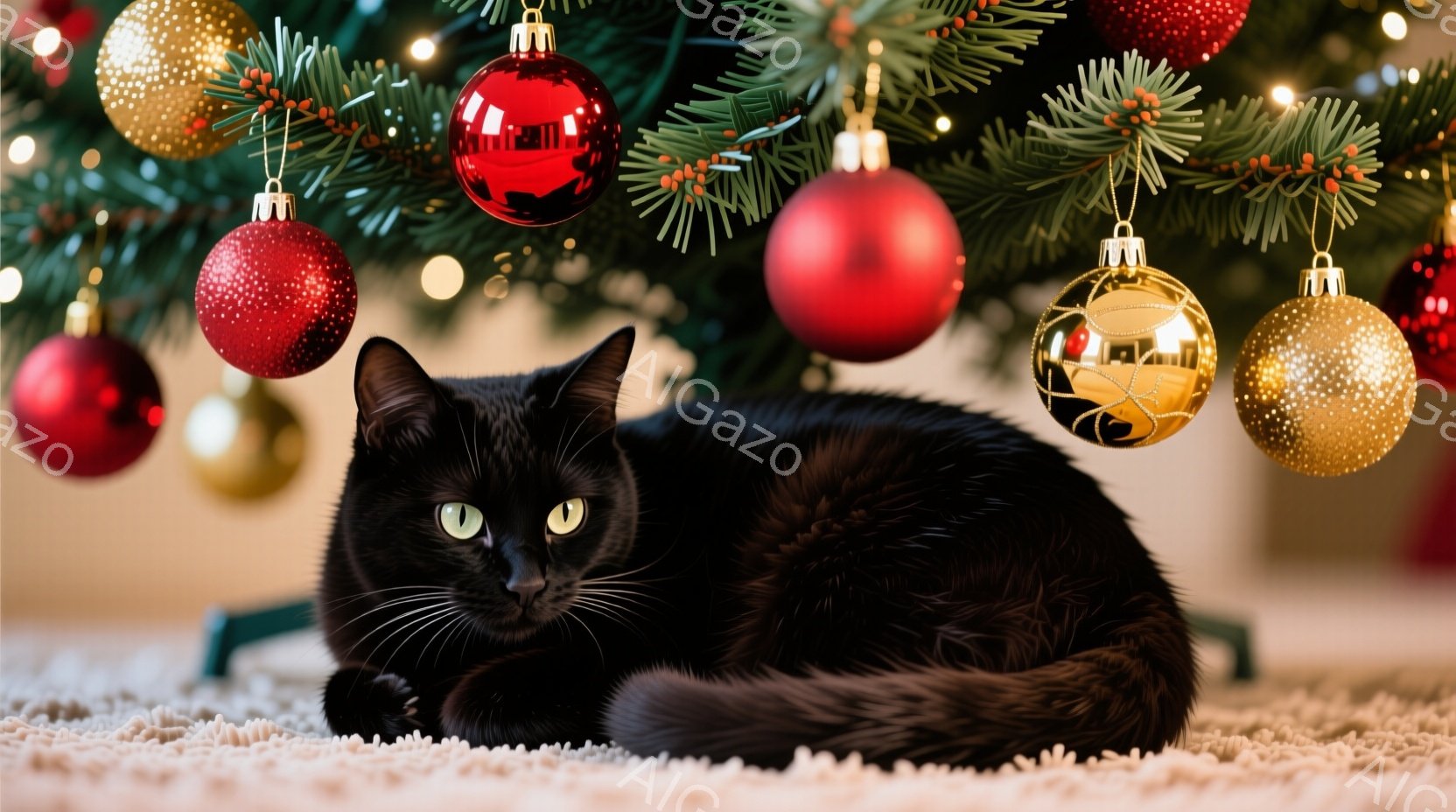黒い猫がふわふわの白いカーペットの上に丸まって横たわっています。背景にはクリスマスツリーが飾られ、赤いオーナメントと金色のオーナメントが輝いています。猫は緑色の目をしており、リラックスした雰囲気で静かにこちらを見ています。