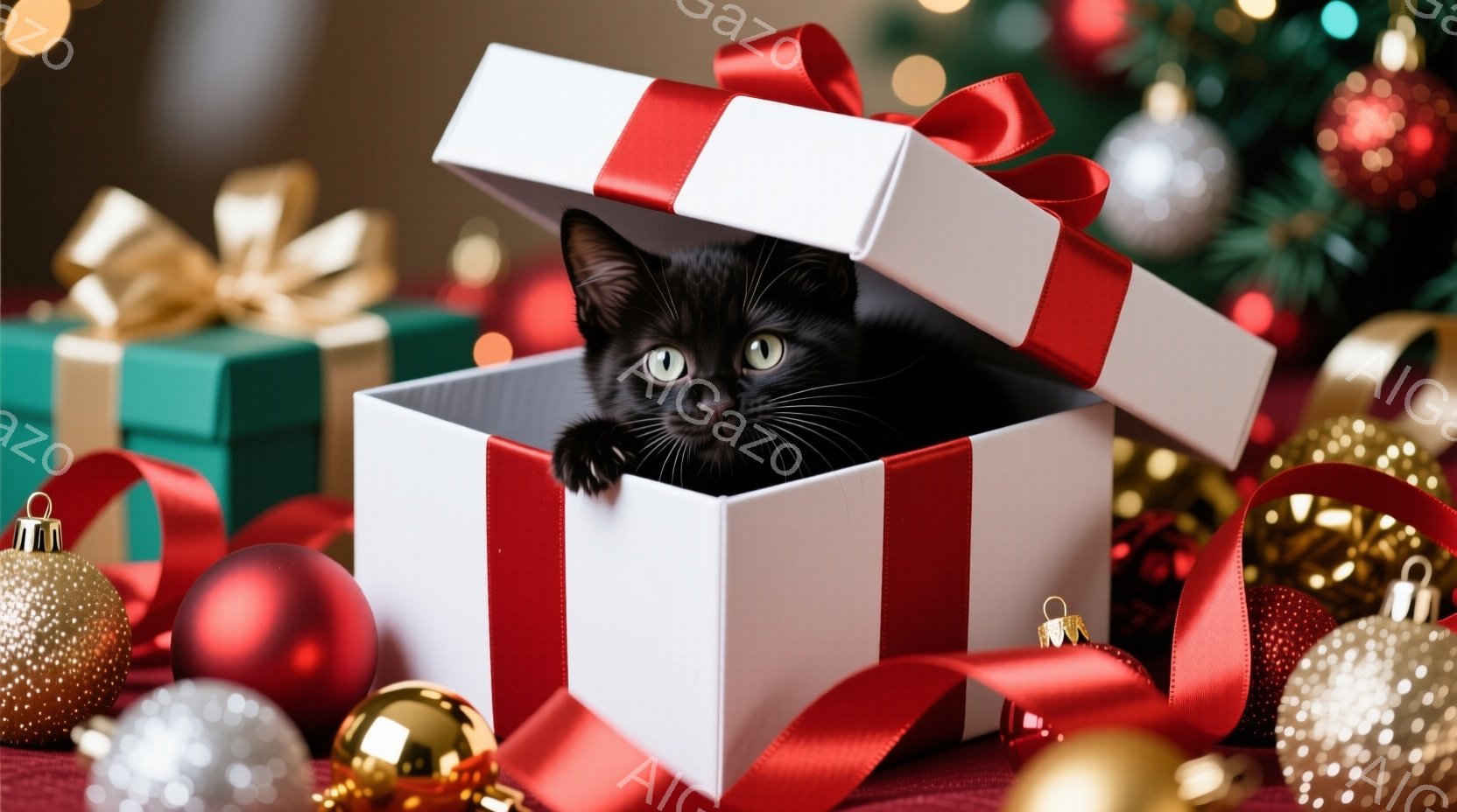 黒い子猫が白いギフトボックスから顔を出しており、赤いリボンがボックスを飾っています。背景には、金、赤、銀のクリスマスオーナメントが散りばめられており、ホリデーシーズンを象徴する暖かくお祝いの雰囲気を作 - AI生成フリー素材