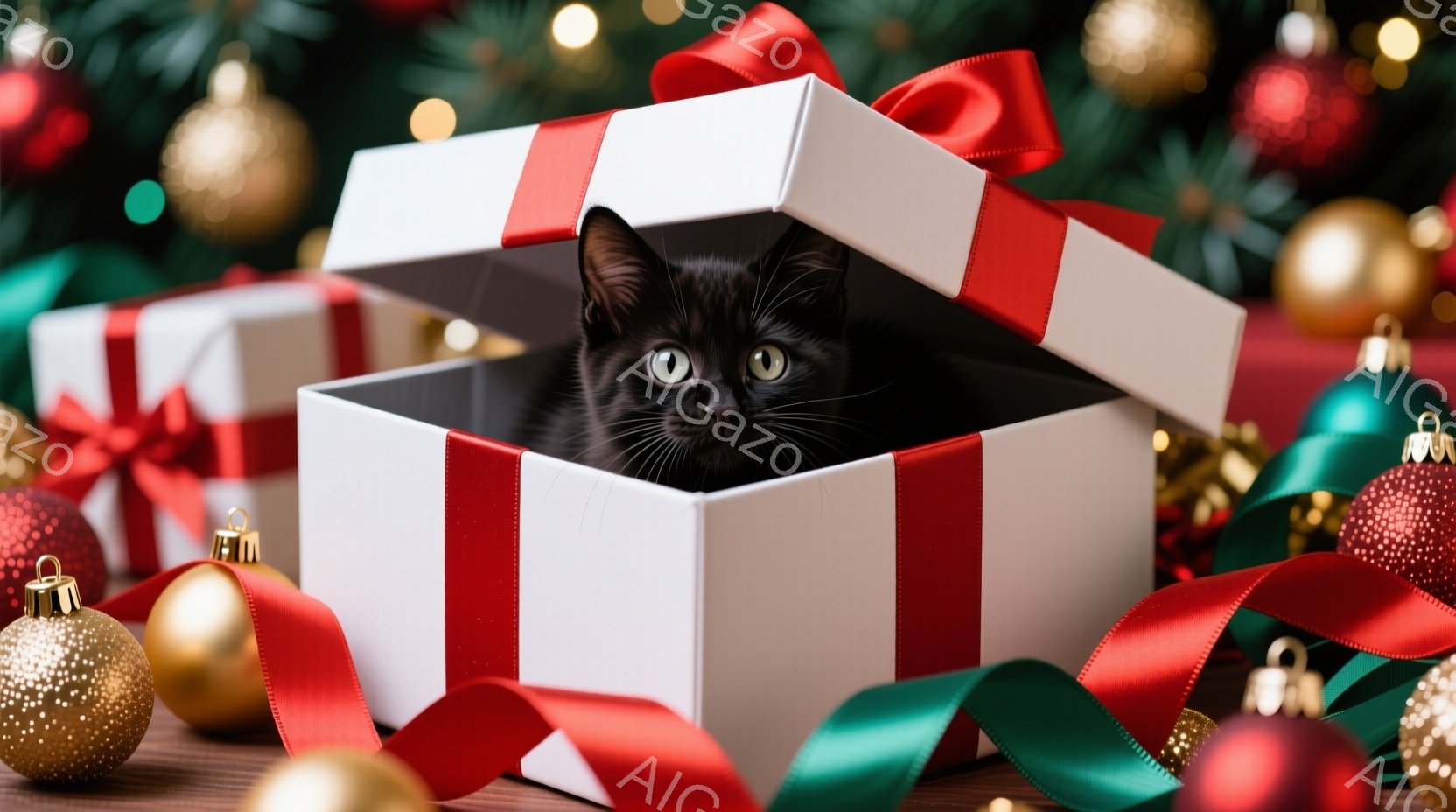 黒い子猫が赤いリボンで飾られた白いギフトボックスの中に隠れており、好奇心と遊び心にあふれた表情でこちらを見ている。背景には、金や赤のオーナメントが散りばめられ、緑のガーランドが飾られており、クリスマスの華やかな雰囲気を演出している。暖色系の光が全体を包み込み、温かく可愛らしい印象を与える。