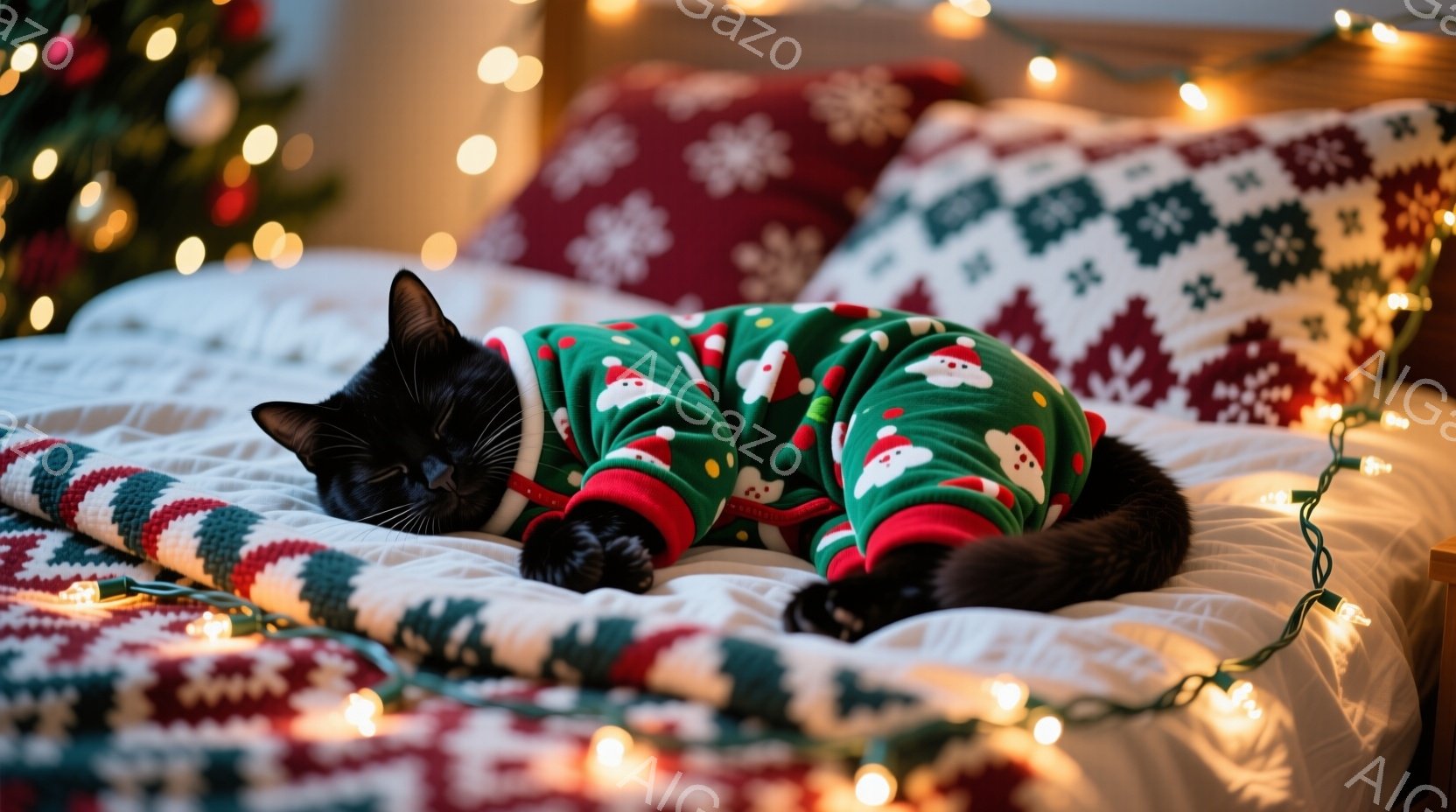 黒猫がクリスマスの柄が入った緑色の服を着て、白いキルト模様のベッドの上で仰向けに寝ています。背景にはぼやけたクリスマスツリーが見え、ベッドの周りにはキラキラと光る電飾が飾られています。暖かく、居心地の良い、クリスマスの雰囲気が漂う画像です。