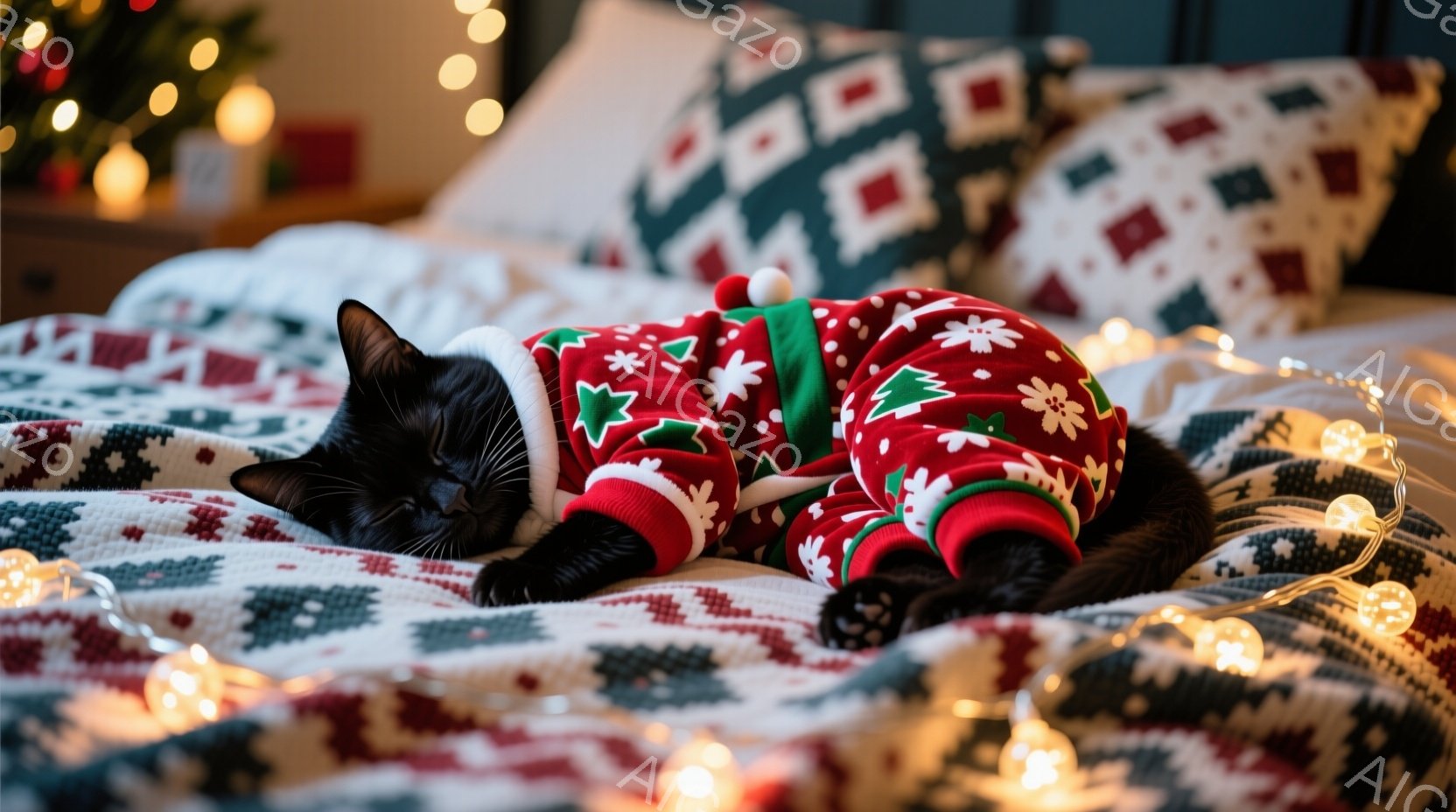 猫がクリスマスパンツを着て寝ている場面を描写しています。猫は平らな顔をしており、目は閉じています。その服装は、赤と緑のパンツで、スター型の印象があります。背景にはクリスマスライトが輝き、ベッド上には寝ている人が見えます。全体として、温かく楽しいクリスマスの雰囲気が感じられます。