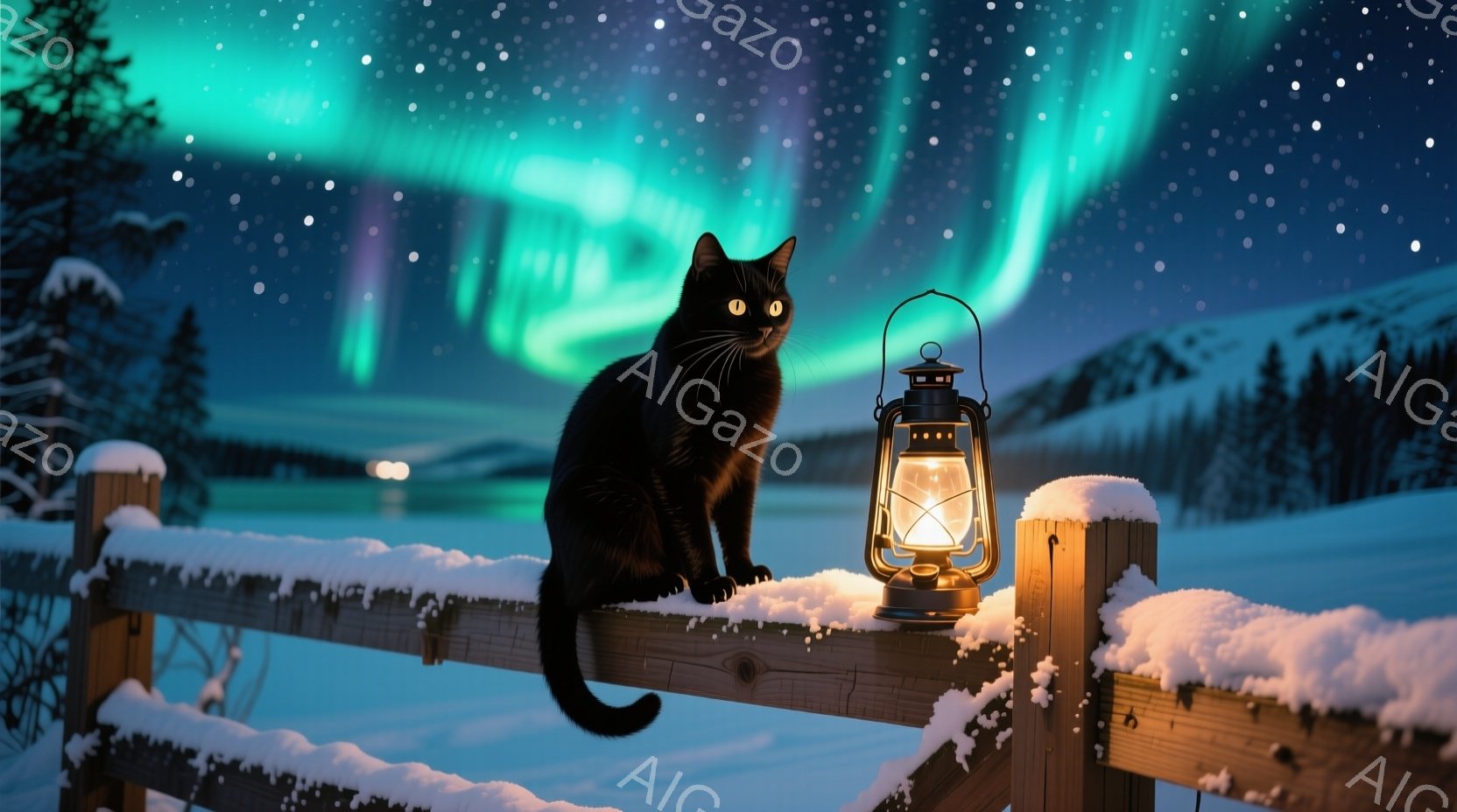 真っ黒な猫が雪に覆われた木の柵に座り、こちらを見つめています。背景には、暗い森、雪景色、そして緑と紫のオーロラが広がり、暖かく光るランタンが猫の隣に置かれています。全体的に、静かで神秘的な冬の夜の雰囲 - AI生成フリー素材