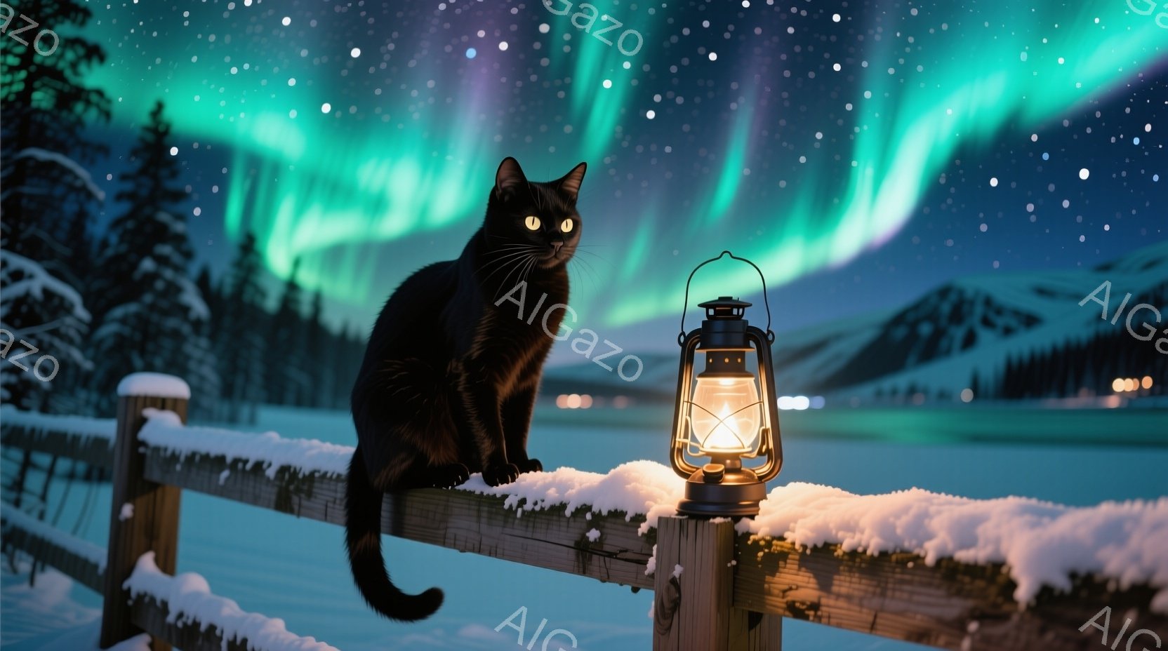 真っ黒な猫が雪積もった木製の柵の上に座り、こちらを見つめています。背景には、オーロラが輝く夜空と、雪に覆われた山々と暗い水面が広がっています。柵の横には、点灯したランタンが置かれ、静かで幻想的な冬の夜の雰囲気を醸し出しています。