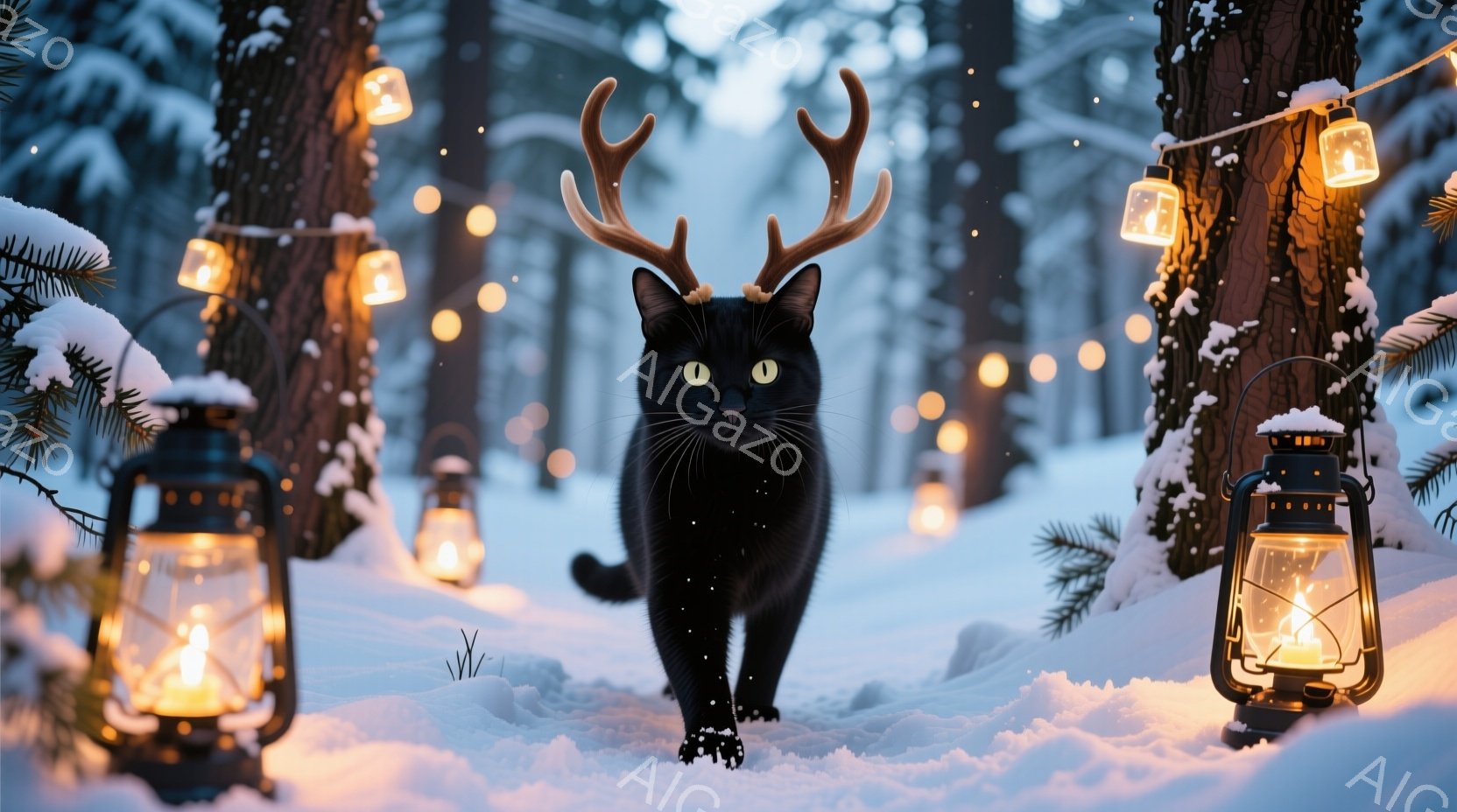 真っ黒な猫が、角のような枝を頭に載せて雪の中を正面から歩いてくる。背景には雪に覆われた木々と、暖かく光るランタンが並び、幻想的な冬の森の雰囲気を醸し出している。猫の表情は穏やかで、どこか神秘的な印象を - AI生成フリー素材
