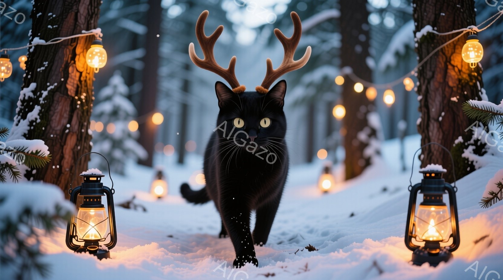 真っ黒な猫が雪景色の中を堂々と歩いている。頭には鹿のような角が生えており、まるで森の精のような神秘的な姿をしている。背景には雪に覆われた木々が立ち並び、暖かく光るランタンが幻想的な雰囲気を醸し出してい - AI生成フリー素材
