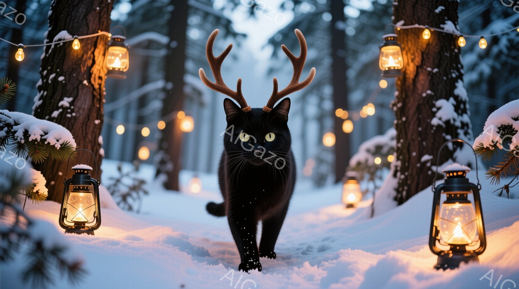 真っ黒な猫が、角のような枝を頭に乗せて雪の中をまっすぐこちらに向かって歩いてくる。背景には、雪に覆われた木々と、温かい光を放つランタンが並び、幻想的な雰囲気を醸し出している。全体的に、静かで神秘的な冬 - AI生成フリー素材