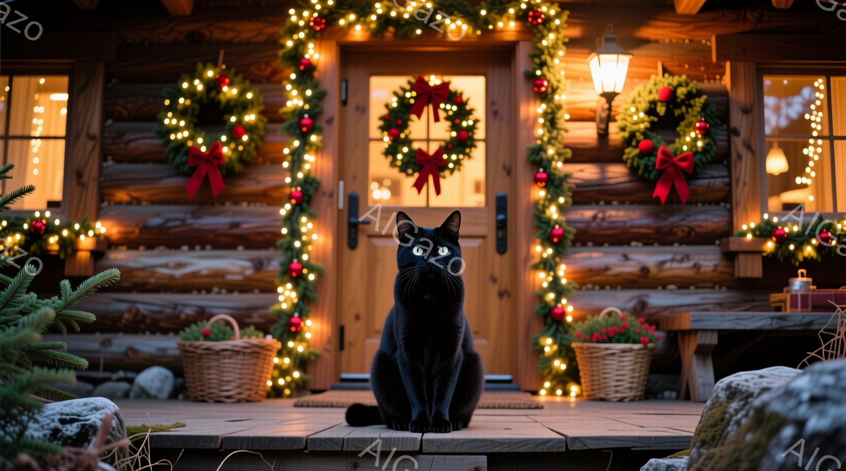 黒い猫が木製の家の玄関のステップに座って正面を見ています。背景にはクリスマスデコレーションとして、つたのような装飾とリースが飾られた家があり、温かい光が灯っています。全体的に、温かく、お祝いムードで、クリスマスの季節を感じさせる写真です。