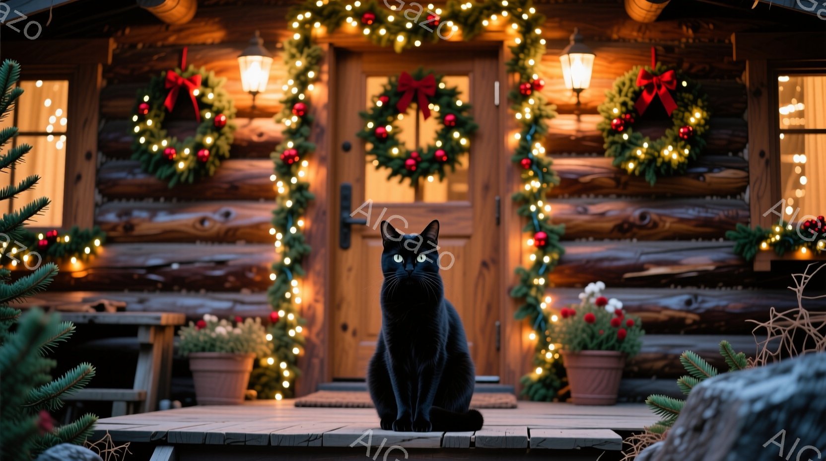黒猫が木製の家の玄関前に座っており、正面を見つめている。家の周りはクリスマス飾りの電飾と松飾りで彩られ、暖かくお祝いの雰囲気を感じさせる。背景は暗く、玄関の光が猫と装飾を照らし出し、冬の夜の穏やかなシ - AI生成フリー素材