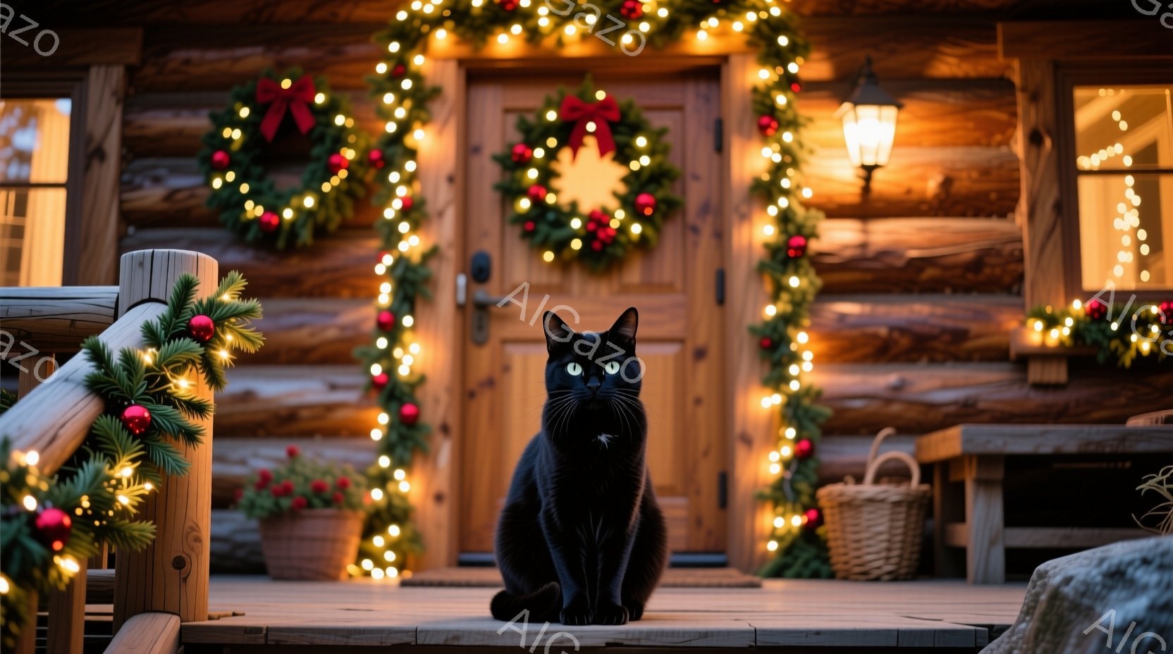 黒猫が木のデッキに座っており、正面を見つめています。背景にはクリスマスデコレーションで飾られたログハウスがあり、暖かくお祝いの雰囲気が漂っています。クリスマスリースと光のイルミネーションが家を飾り、デッキには植木鉢とバスケットが置かれています。