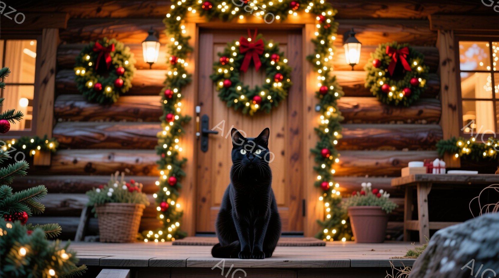 ログハウスの玄関がクリスマス装飾で彩られ、正面には黒猫が座っています。黒猫はまっすぐ前を見つめ、凛とした表情をしています。玄関にはクリスマスリースやイルミネーションが飾られ、暖かく穏やかなクリスマスの - AI生成フリー素材