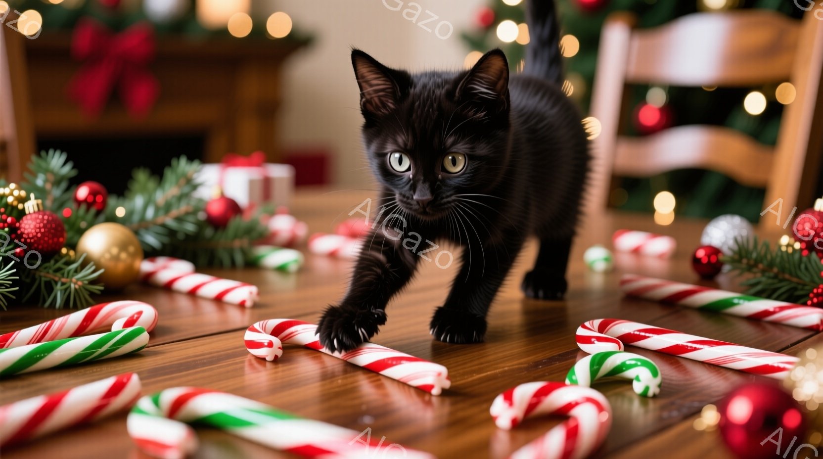 真っ黒な子猫が、クリスマスツリーの周りに散らばるキャンディケーンの間を歩いています。子猫は真剣な表情で前を見据え、片足をわずかに上げている様子から、遊び心や好奇心が感じられます。背景には、緑の飾りと赤 - AI生成フリー素材