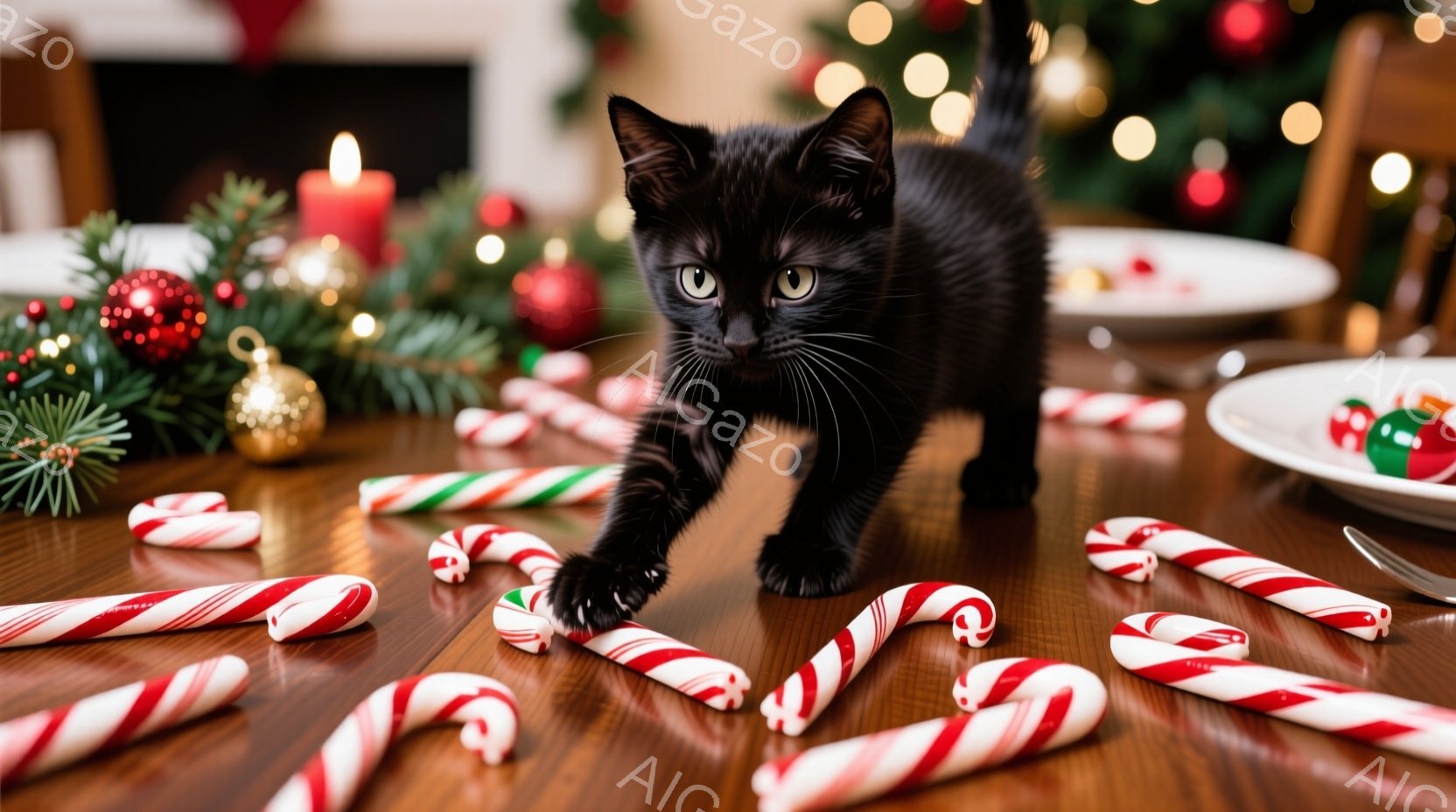 濃い茶色の木製のテーブルの上に、たくさんのキャンディケーンが散らばっています。黒い子猫が、キャンディケーンの間を慎重に歩いており、好奇心旺盛な表情で前方を見つめています。背景には、ぼんやりとしたクリス - AI生成フリー素材