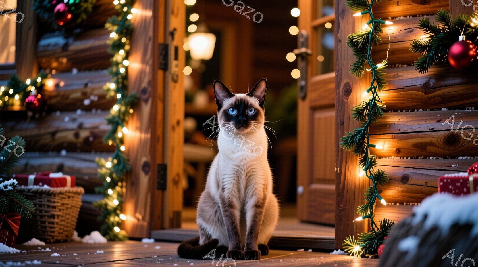 白と茶色のシャム猫が、クリスマス飾りが施された家の入り口の前に座っています。猫は正面を見ており、落ち着いた表情をしています。背景には、クリスマスツリーの飾りやプレゼントの箱が置かれ、温かくお祝いムードの漂う冬の風景が広がっています。