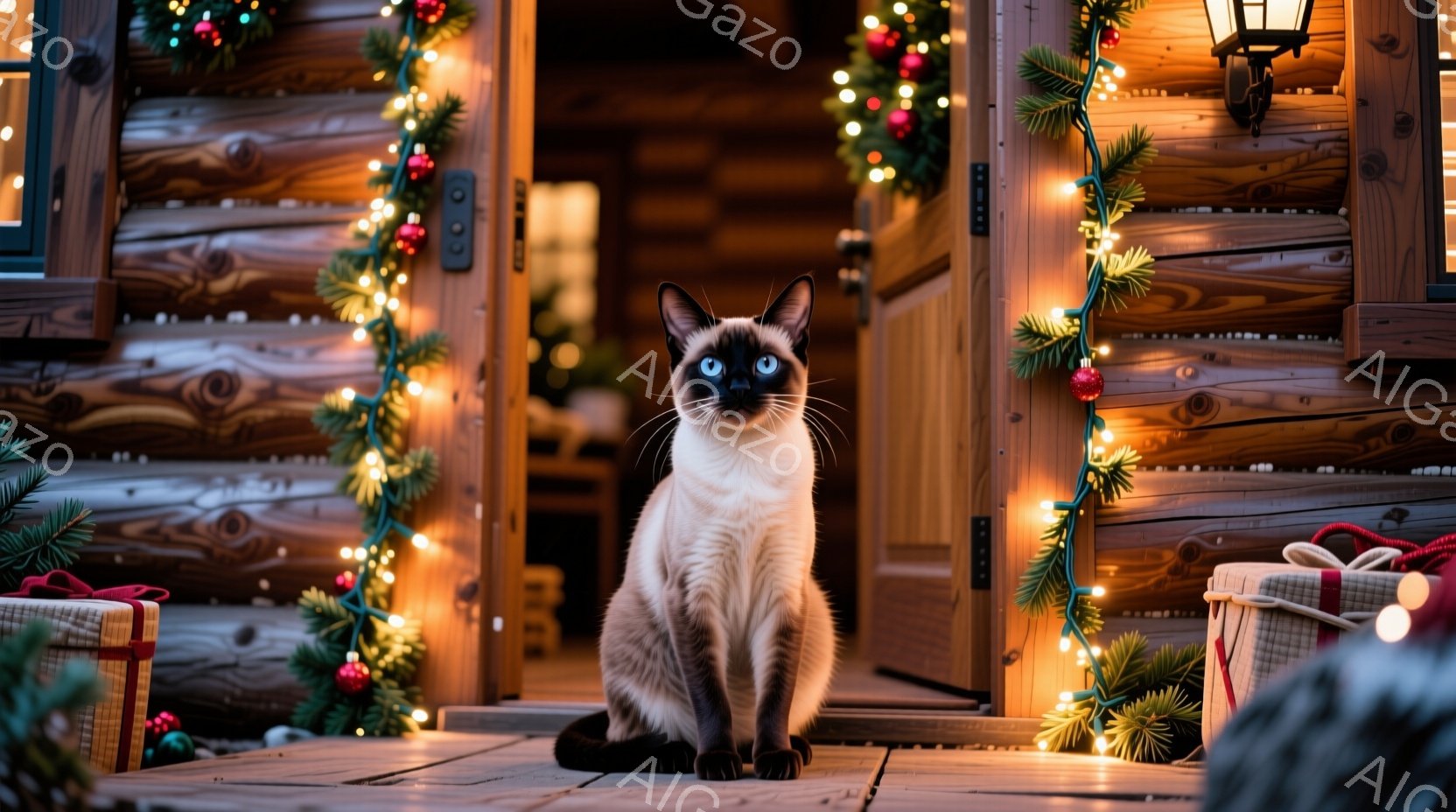 シベリアンブルーのポイントを持つ美しいシャム猫が、クリスマスツリーの飾り付けがされた家の入り口に座っています。猫は正面を見据え、澄んだ青い瞳が印象的で、堂々とした姿勢を保っています。背景には木製の壁とカラフルなクリスマスライトがあり、暖かくお祝いムードに満ちた雰囲気です。