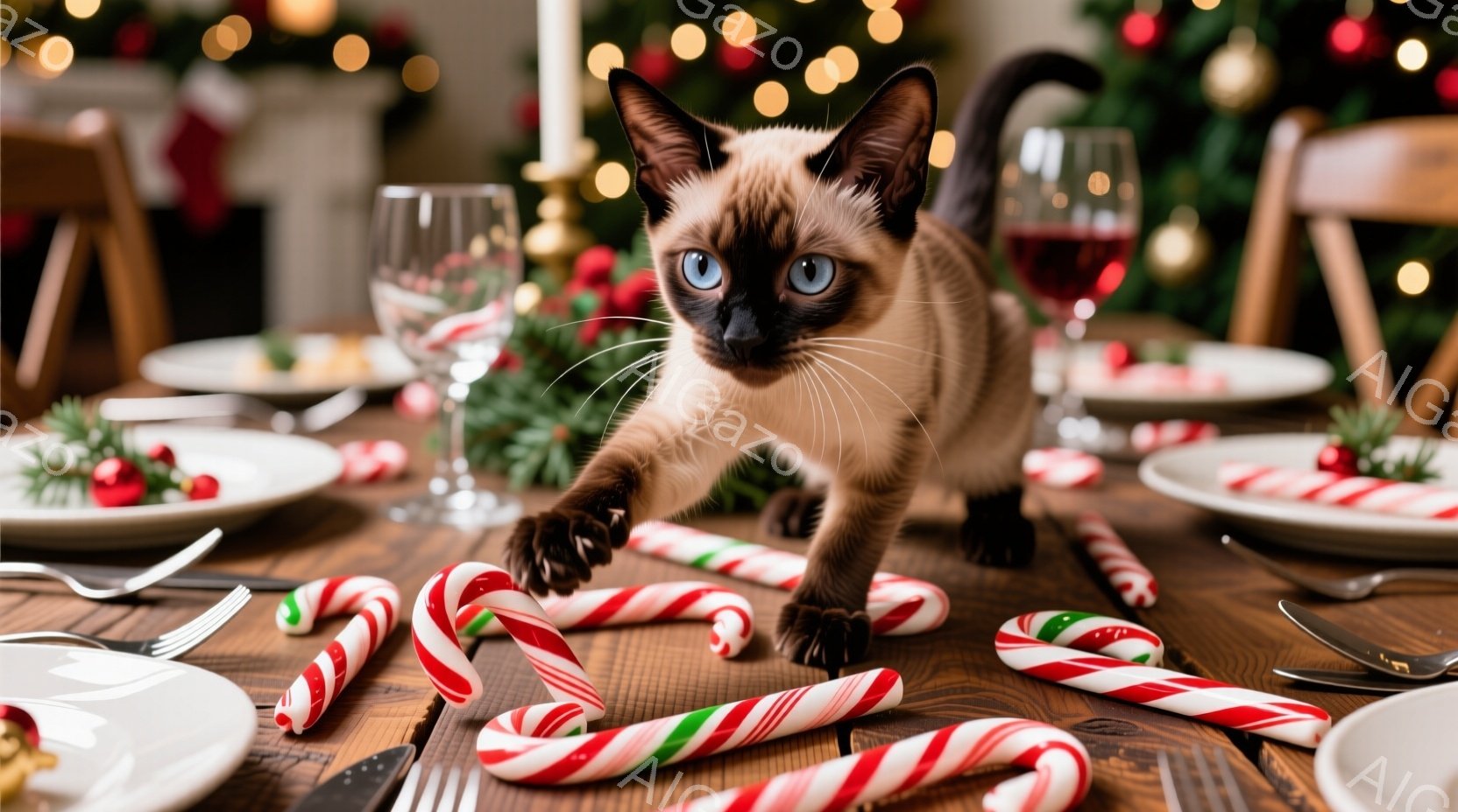シナモン色の美しいシャム猫が、クリスマスらしい食卓の上を歩いています。テーブルにはキャンディケーンが散らばり、背景にはぼやけたクリスマスツリーと装飾が見えます。暖かく、お祝いムードに満ちた、可愛らしい光景です。